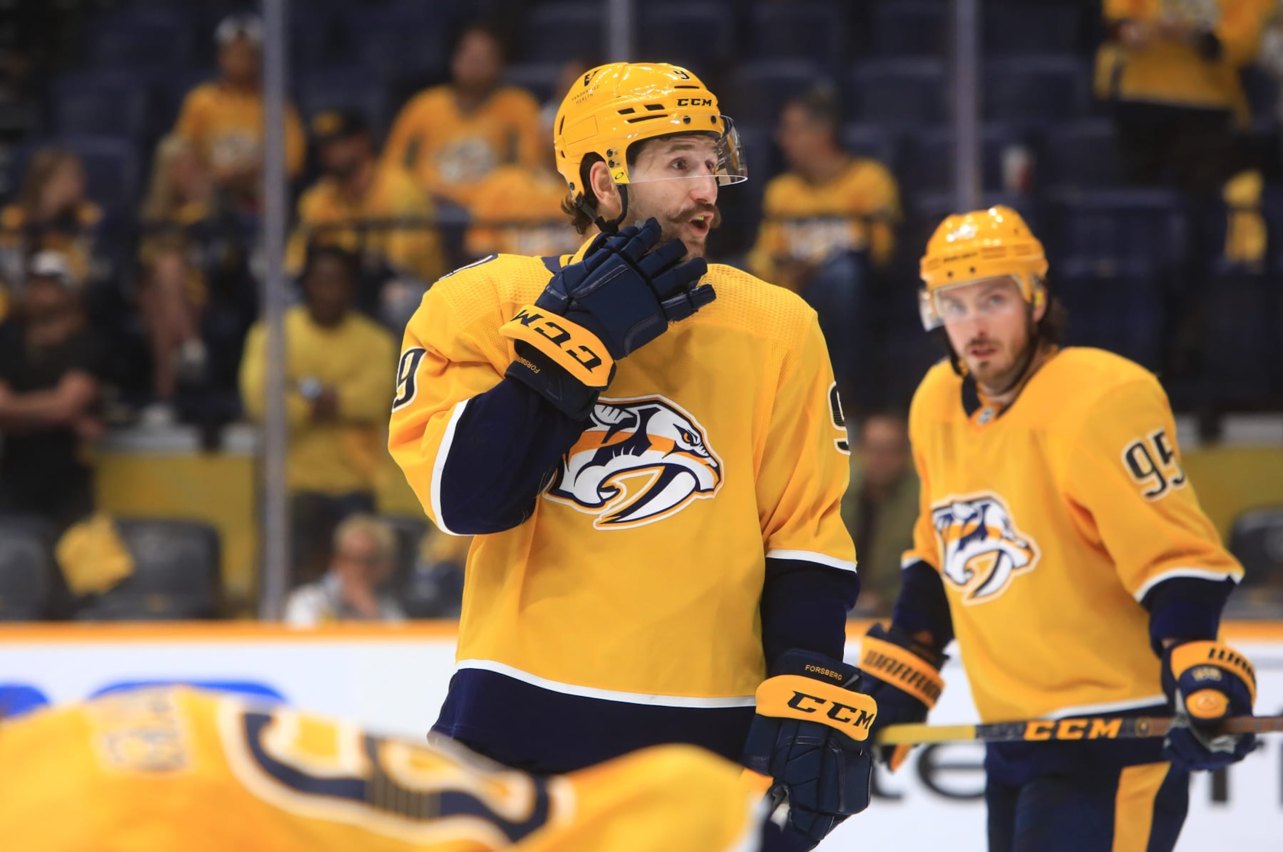 NASHVILLE, TN - MAY 09: Nashville Predators left wing Filip Forsberg (9), of Sweden, is shown during Game 4 of the first round of the Stanley Cup Playoffs between the Nashville Predators and Colorado Avalanche, held on May 9, 2022, at Bridgestone Arena in Nashville, Tennessee. (Photo by Danny Murphy/Icon Sportswire via Getty Images)