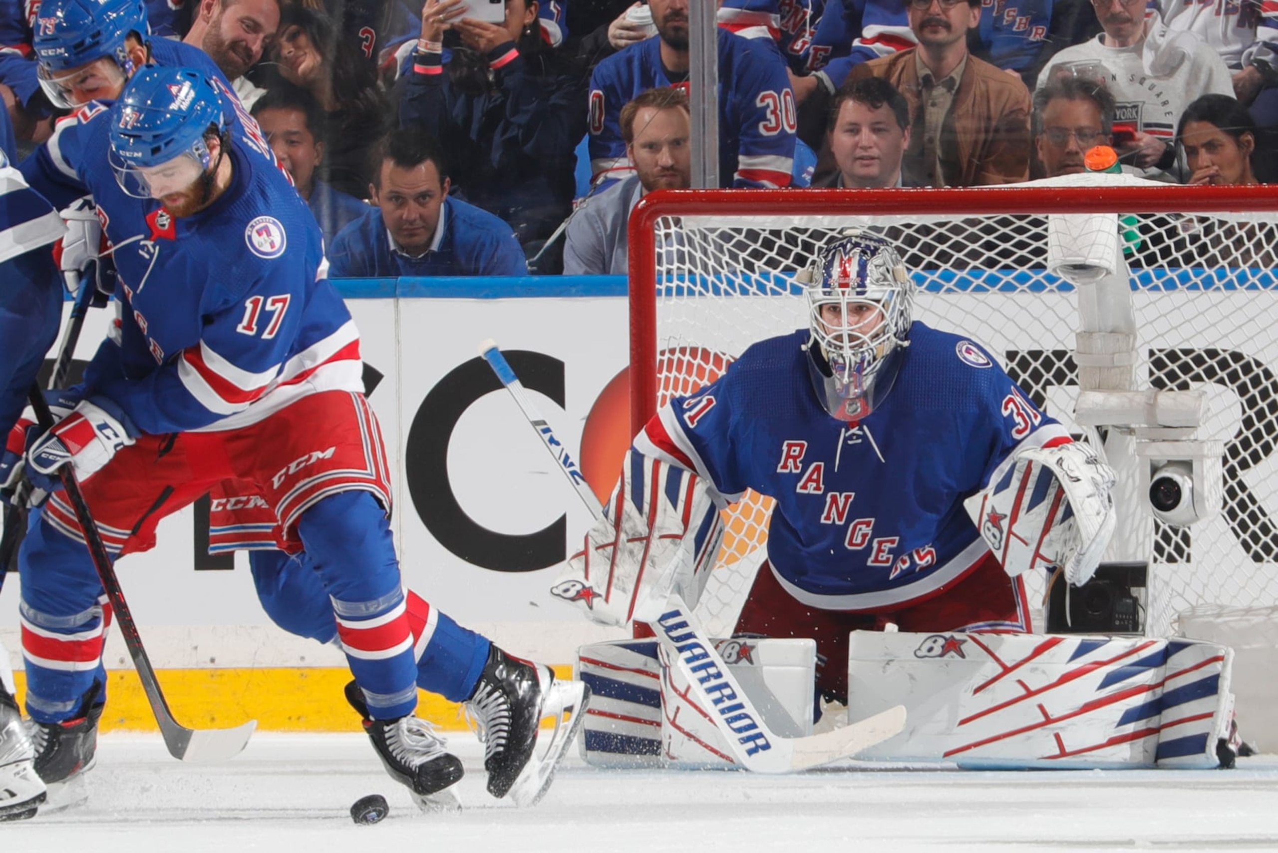 NEW YORK, NY - JUNE 09:  Igor Shesterkin #31 of the New York Rangers tends the net against the Tampa Bay Lightning in Game Five of the Eastern Conference Final of the 2022 Stanley Cup Playoffs at Madison Square Garden on June 9, 2022 in New York City. (Photo by Jared Silber/NHLI via Getty Images)