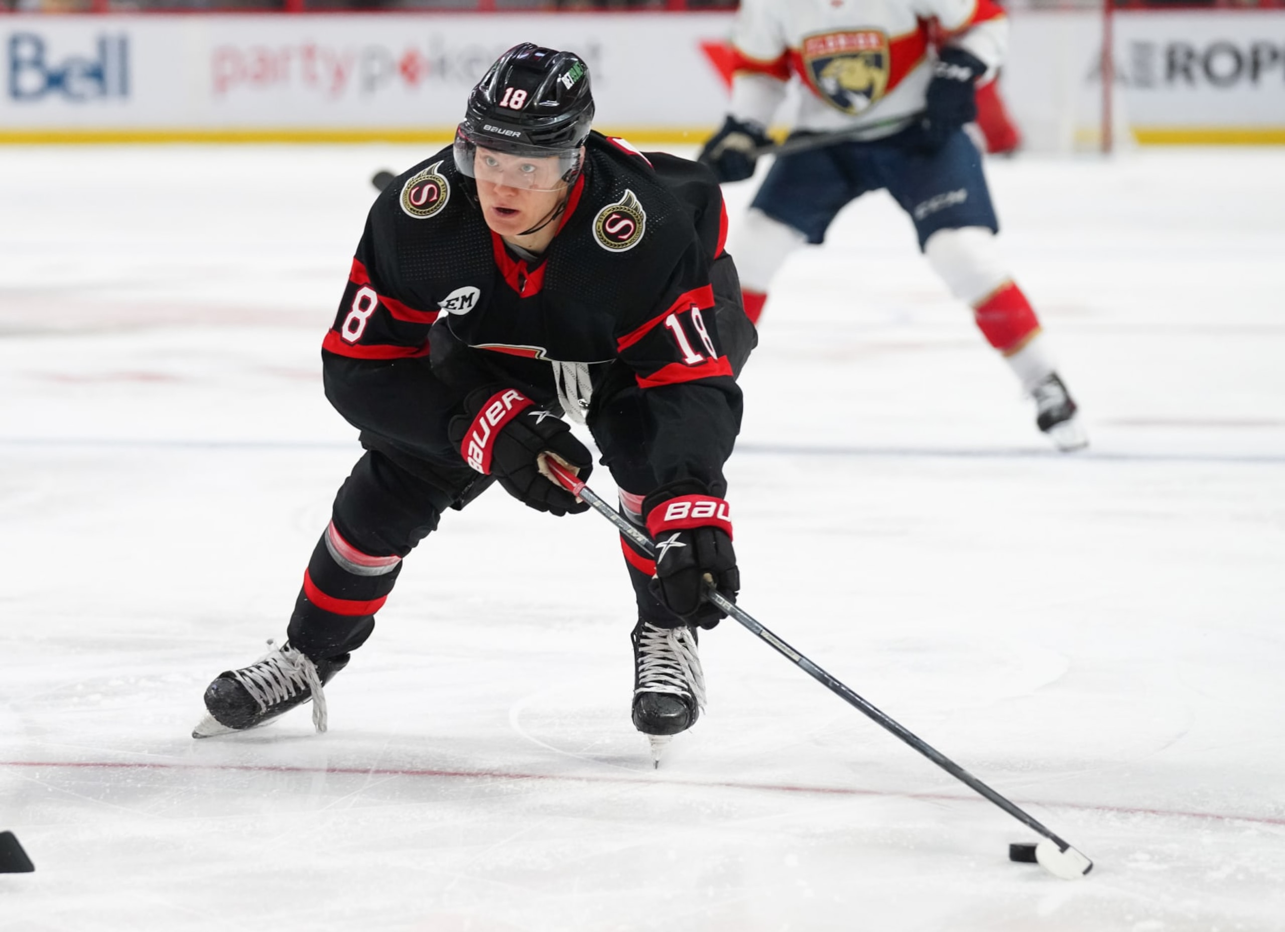 OTTAWA, ON - APRIL 28:  Tim Stützle #18 of the Ottawa Senators skates against the Florida Panthers at Canadian Tire Centre on April 28, 2022 in Ottawa, Ontario, Canada.  (Photo by André Ringuette/NHLI via Getty Images)