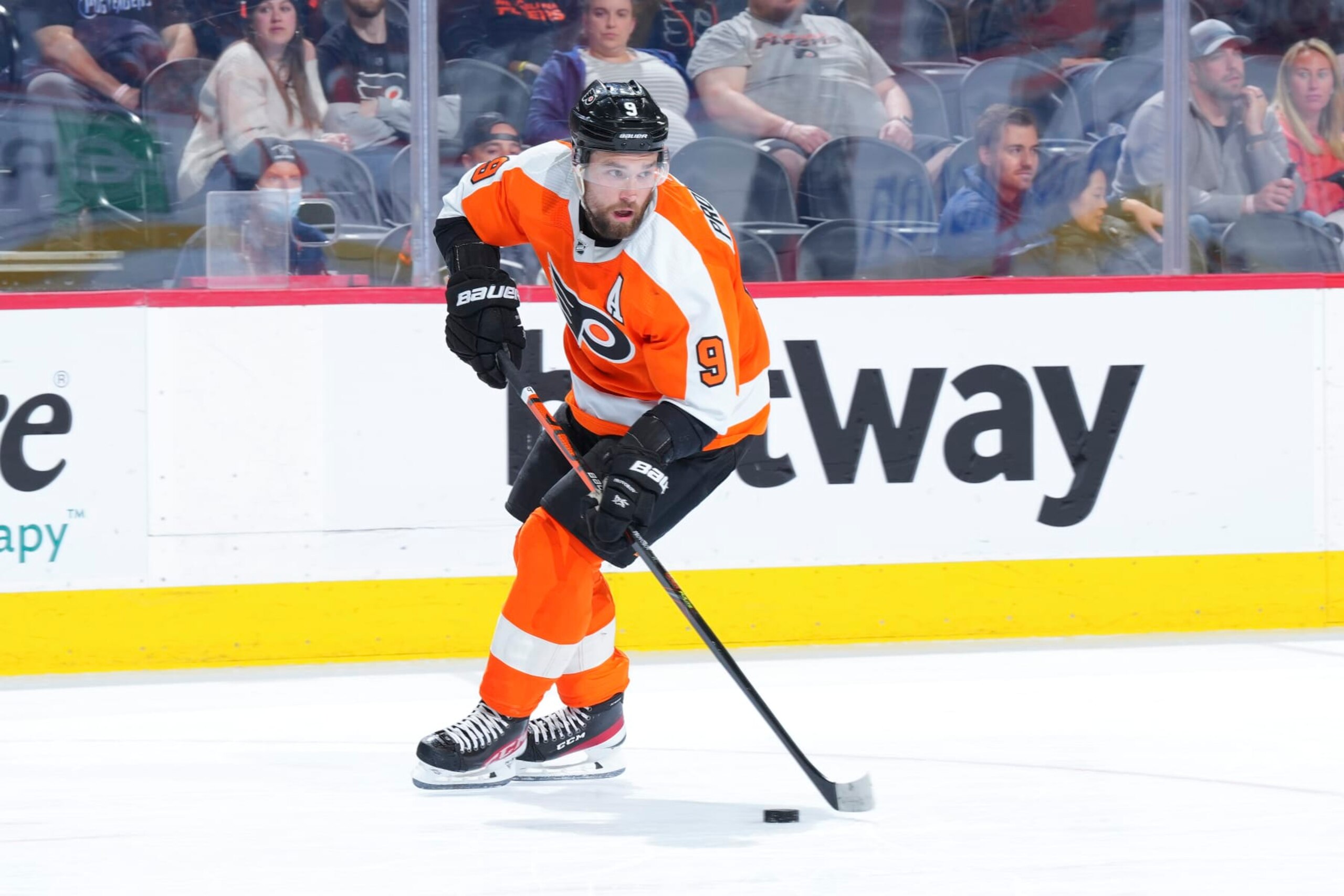 PHILADELPHIA, PA - APRIL 29: Ivan Provorov #9 of the Philadelphia Flyers controls the puck against the Ottawa Senators at the Wells Fargo Center on April 29, 2022 in Philadelphia, Pennsylvania. (Photo by Mitchell Leff/Getty Images)