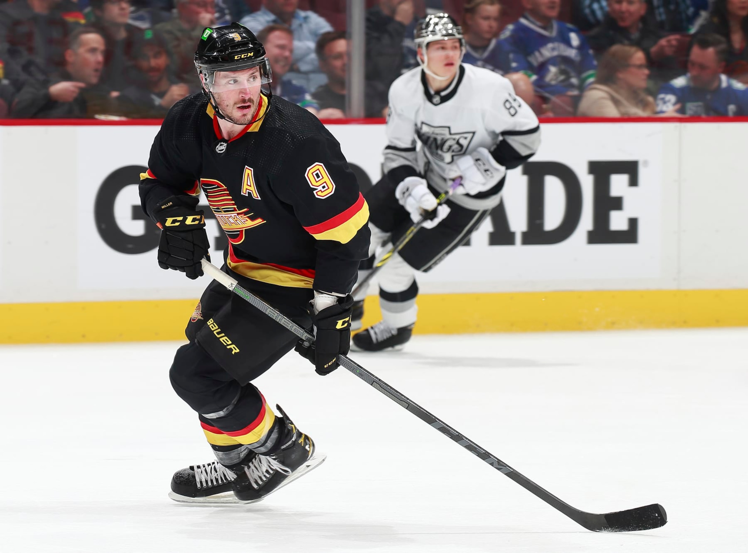 VANCOUVER, BC - APRIL 28: J.T. Miller #9 of the Vancouver Canucks skates up ice during their NHL game against the Los Angeles Kings at Rogers Arena April 28, 2022 in Vancouver, British Columbia, Canada.  (Photo by Jeff Vinnick/NHLI via Getty Images)"n