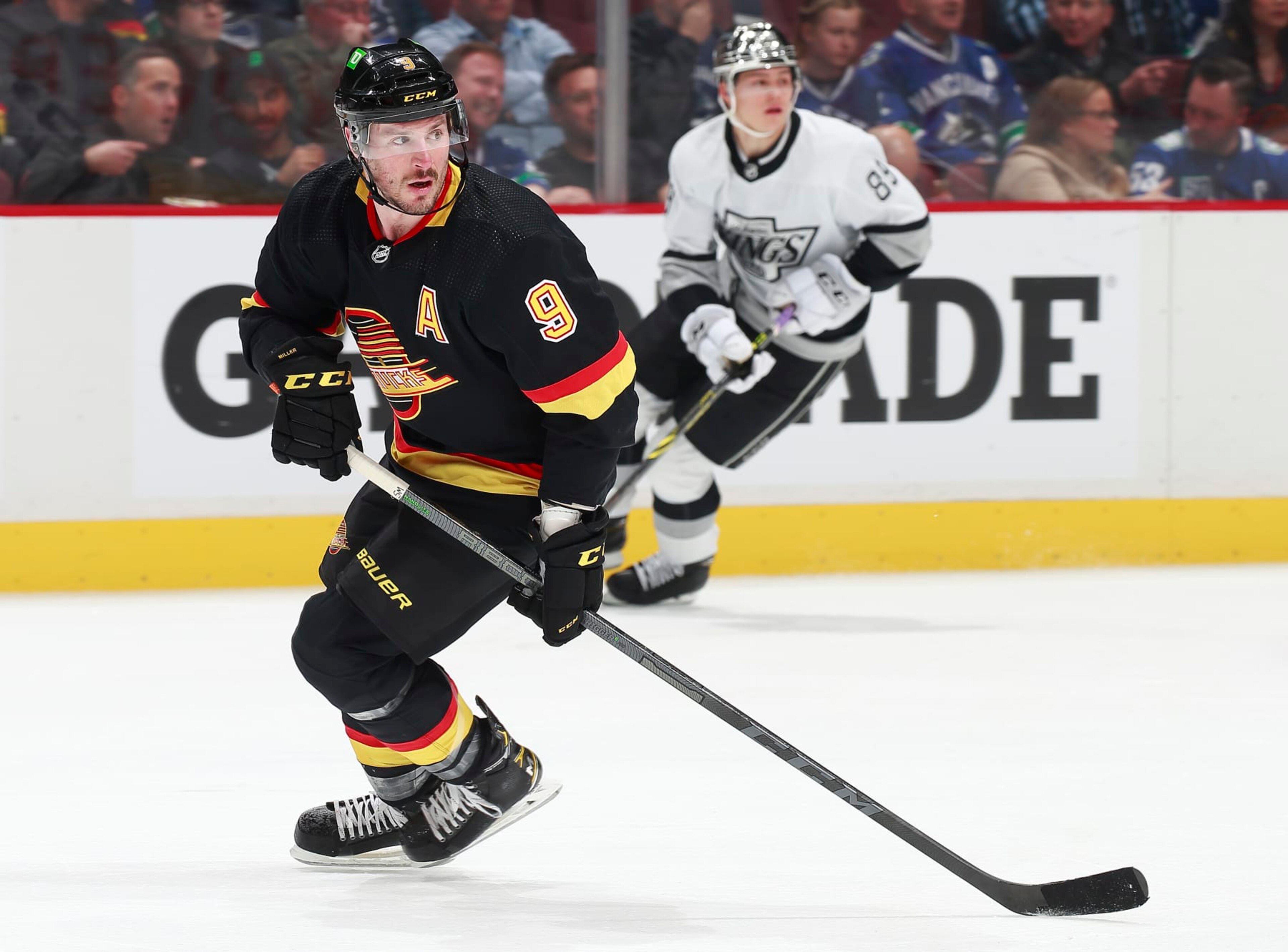 VANCOUVER, BC - APRIL 28: J.T. Miller #9 of the Vancouver Canucks skates up ice during their NHL game against the Los Angeles Kings at Rogers Arena April 28, 2022 in Vancouver, British Columbia, Canada.  (Photo by Jeff Vinnick/NHLI via Getty Images)"n