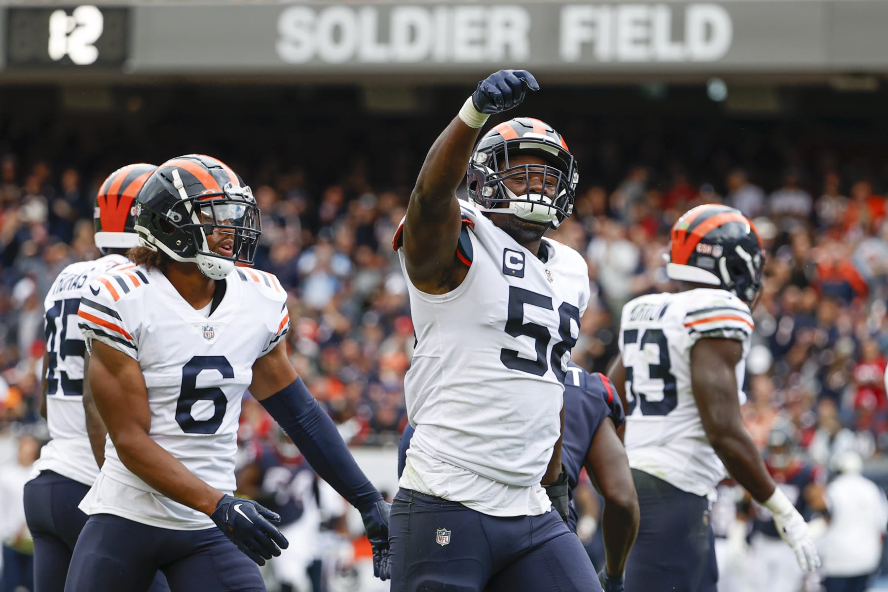Chicago Bears linebacker Roquan Smith (58) celebrates a defensive stop during the second half of an NFL football game against the Houston Texans, Sunday, Sept. 25, 2022, in Chicago. (AP Photo/Kamil Krzaczynski)