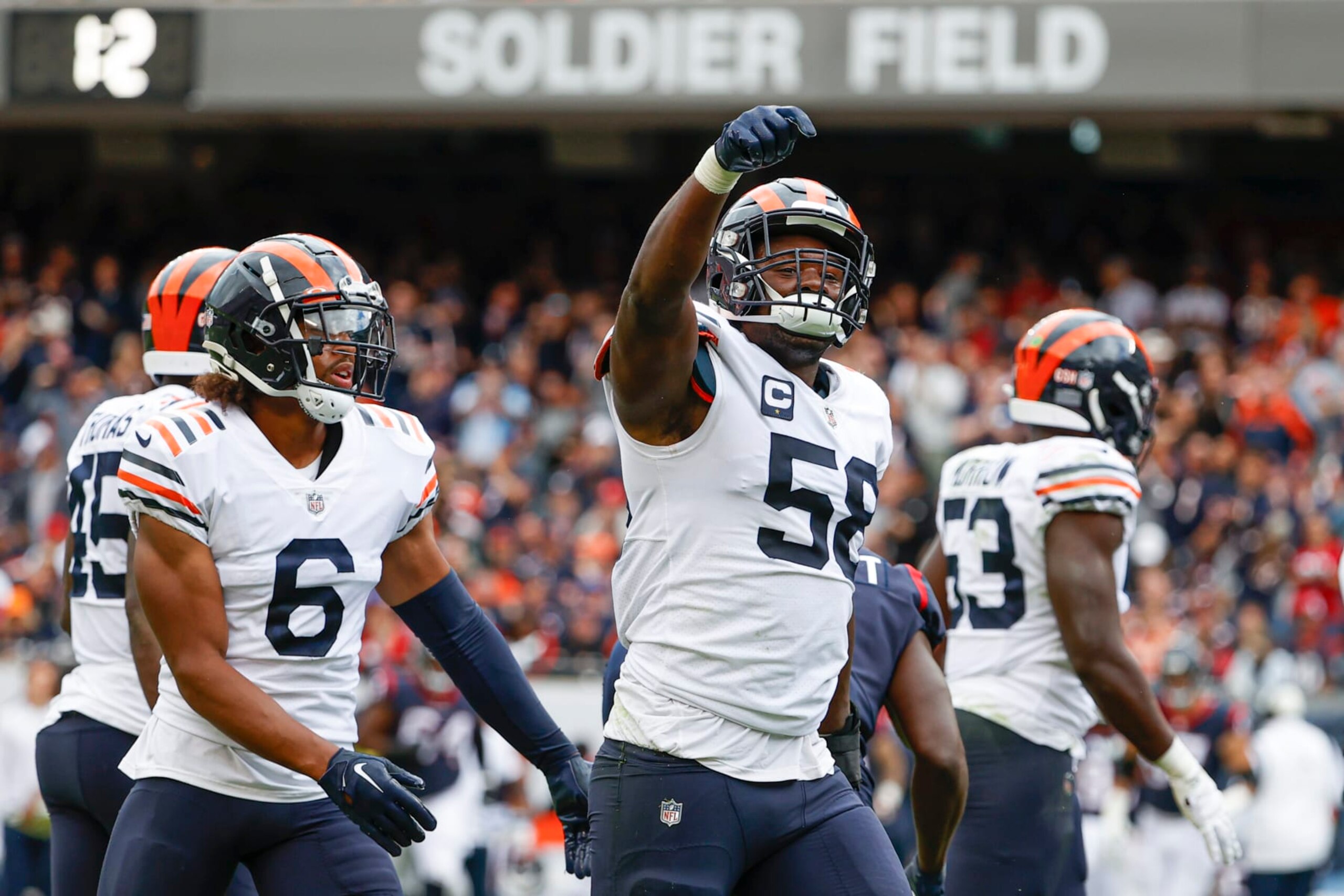Chicago Bears linebacker Roquan Smith (58) celebrates a defensive stop during the second half of an NFL football game against the Houston Texans, Sunday, Sept. 25, 2022, in Chicago. (AP Photo/Kamil Krzaczynski)