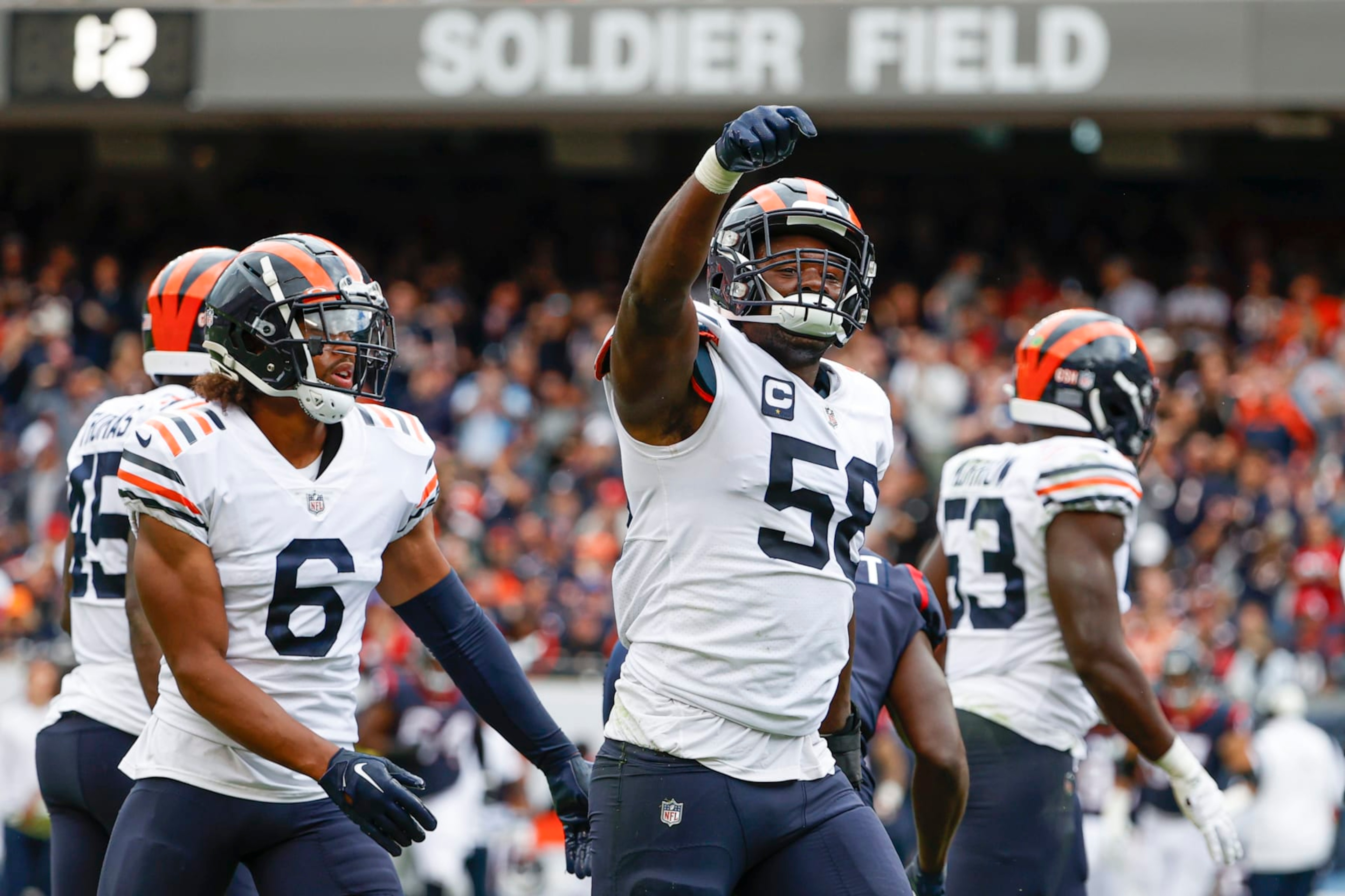 Chicago Bears linebacker Roquan Smith (58) celebrates a defensive stop during the second half of an NFL football game against the Houston Texans, Sunday, Sept. 25, 2022, in Chicago. (AP Photo/Kamil Krzaczynski)