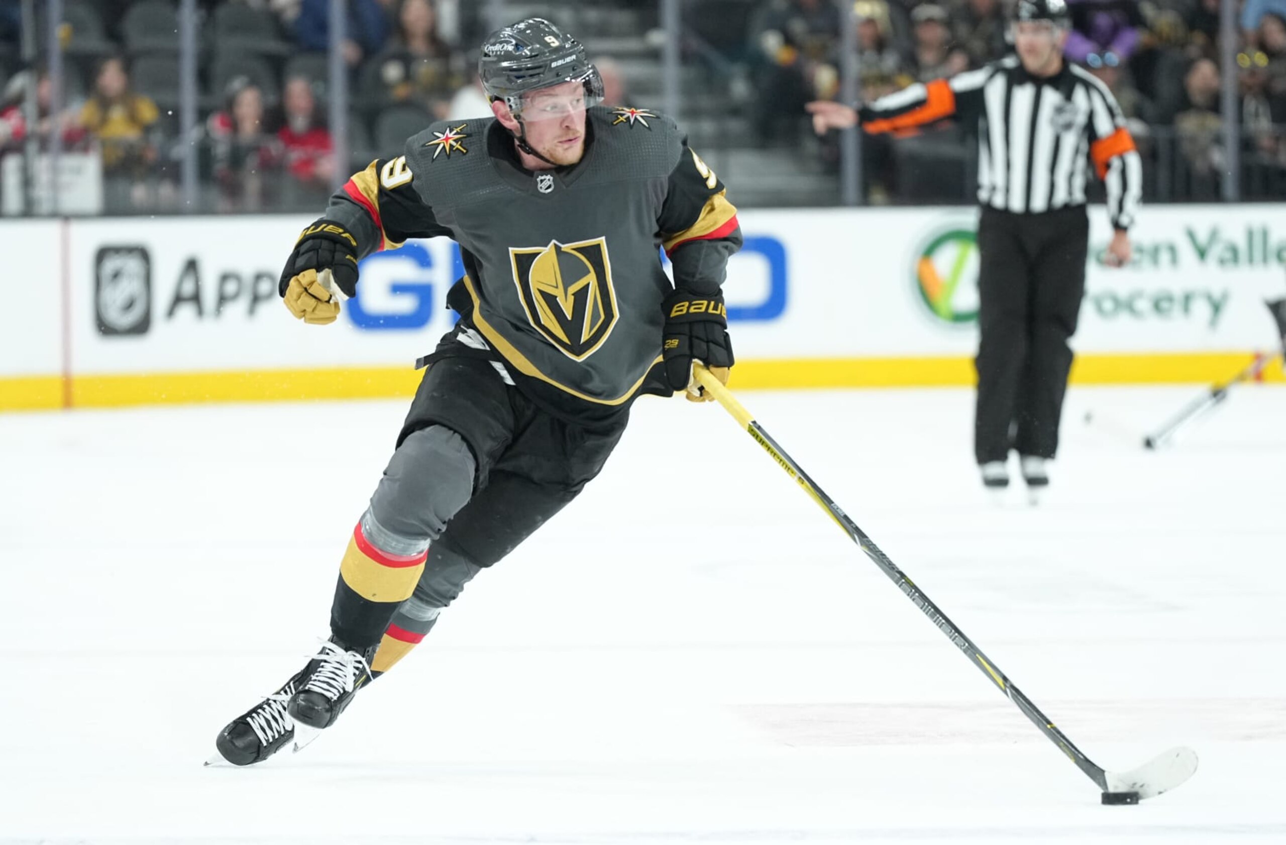 LAS VEGAS, NEVADA - APRIL 18: Jack Eichel #9 of the Vegas Golden Knights skates during the third period of a game against the New Jersey Devils at T-Mobile Arena on April 18, 2022 in Las Vegas, Nevada. (Photo by Jeff Bottari/NHLI via Getty Images)