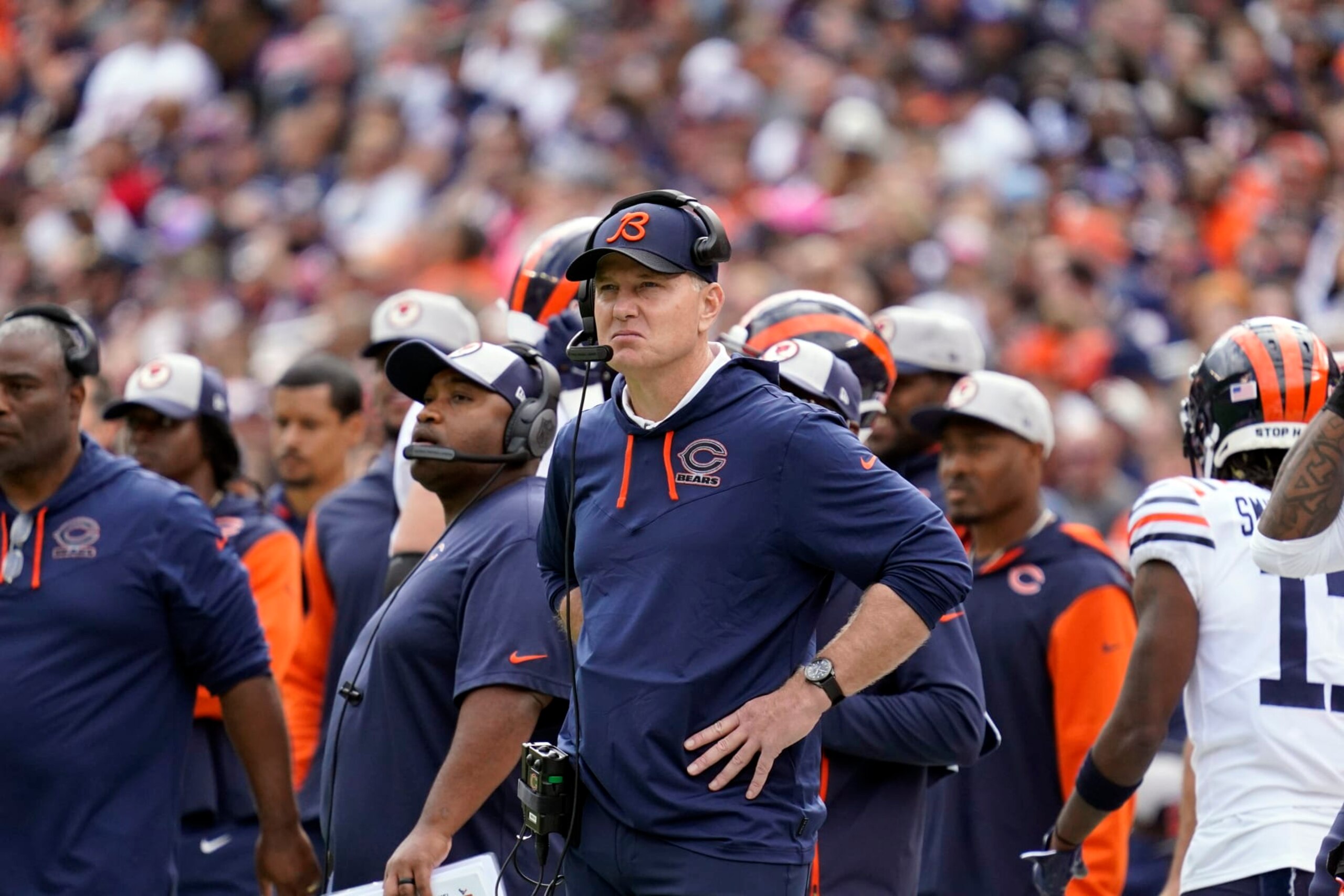 Chicago Bears coach Matt Eberflus watches from the sideline during the second half of an NFL football game against the Houston Texans Sunday, Sept. 25, 2022, in Chicago. (AP Photo/Nam Y. Huh)