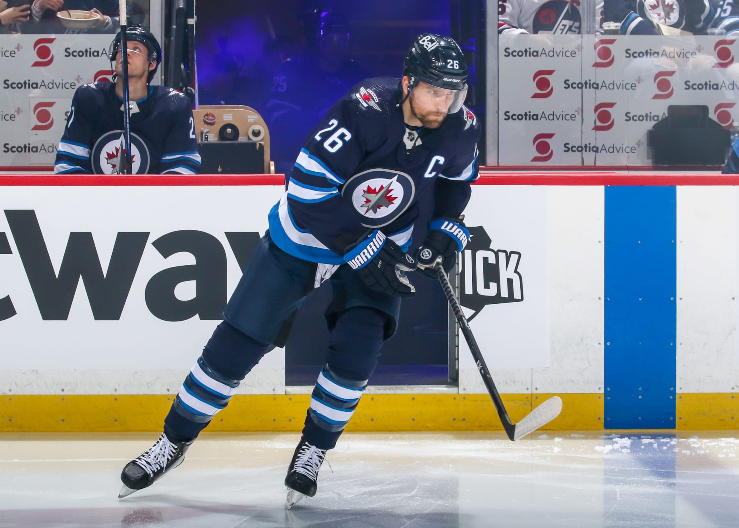 WINNIPEG, MB - MAY 01: Blake Wheeler #26 of the Winnipeg Jets hits the ice prior to NHL action against the Seattle Kraken at Canada Life Centre on May 01, 2022 in Winnipeg, Manitoba, Canada. (Photo by Jonathan Kozub/NHLI via Getty Images)
