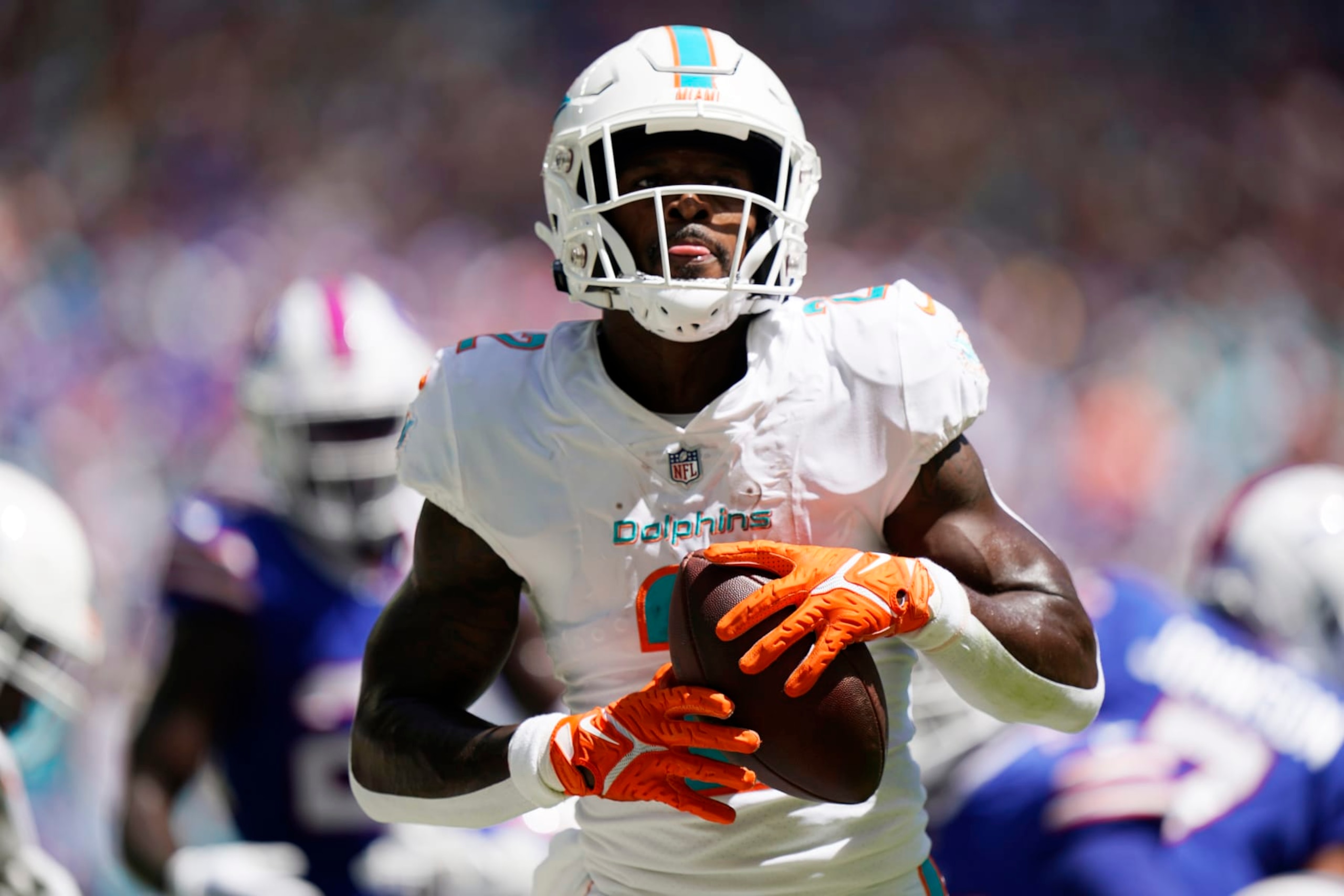 Miami Dolphins running back Chase Edmonds (2) scores a touchdown during the first half of an NFL football game against the Buffalo Bills, Sunday, Sept. 25, 2022, in Miami Gardens, Fla. (AP Photo/Wilfredo Lee ) Miami Dolphins running back Chase Edmonds (2) scores a touchdown during the first half of an NFL football game against the Buffalo Bills, Sunday, Sept. 25, 2022, in Miami Gardens, Fla. (AP Photo/Wilfredo Lee )