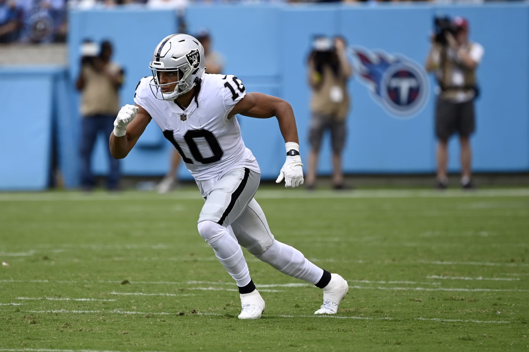 Las Vegas Raiders wide receiver Mack Hollins (10) plays against The Tennessee Titans in the second half of an NFL football game Sunday, Sept. 25, 2022, in Nashville, Tenn. (AP Photo/Mark Zaleski)
