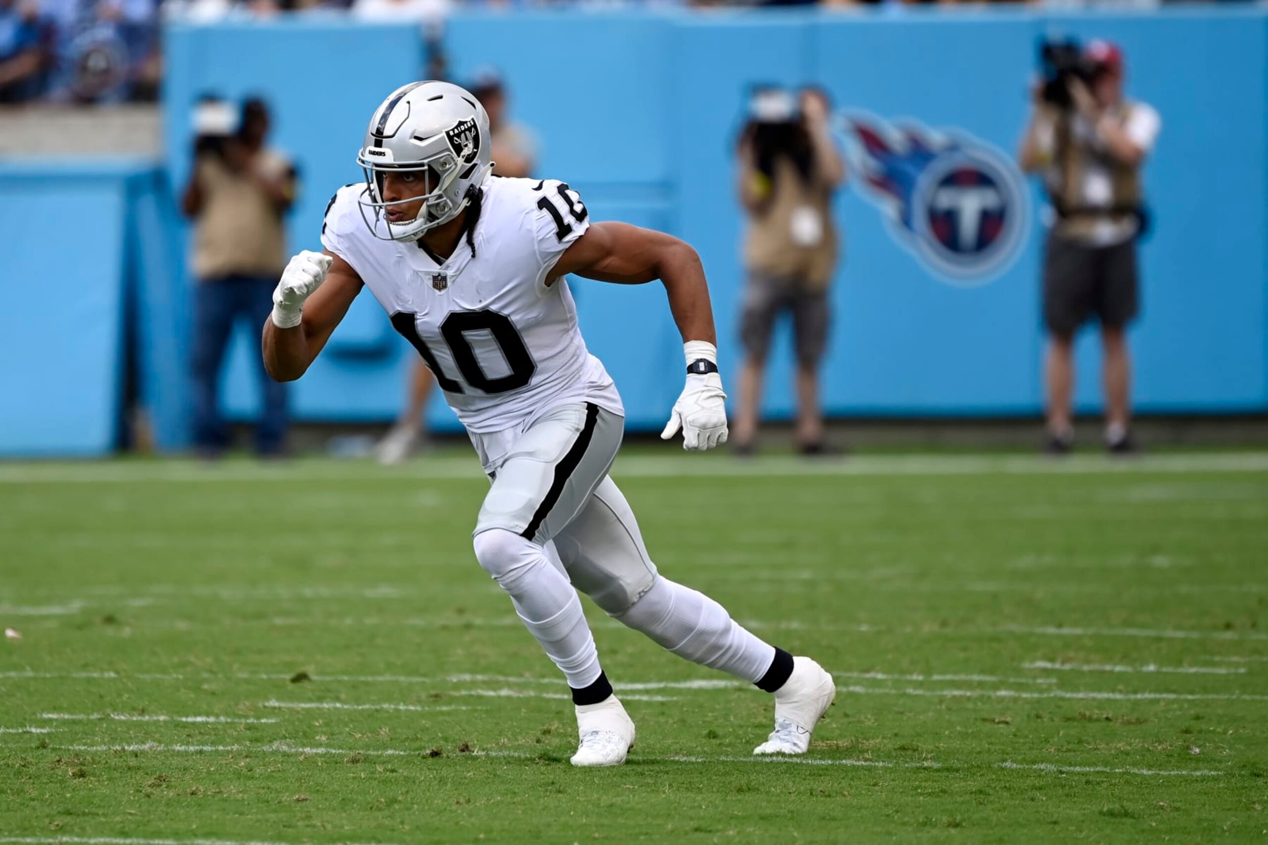 Las Vegas Raiders wide receiver Mack Hollins (10) plays against The Tennessee Titans in the second half of an NFL football game Sunday, Sept. 25, 2022, in Nashville, Tenn. (AP Photo/Mark Zaleski)