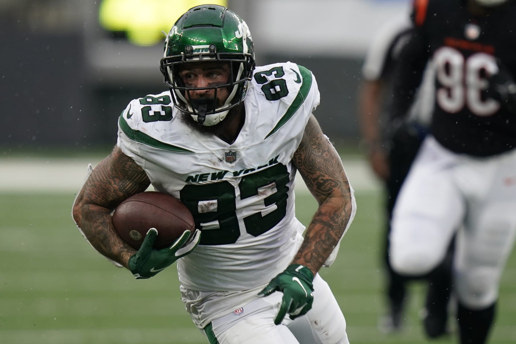 New York Jets tight end Tyler Conklin (83) during the second half of an NFL football game against the Cincinnati Bengals Sunday, Sept. 25, 2022, in East Rutherford, N.J. The Bengals won 27-12. (AP Photo/Seth Wenig)