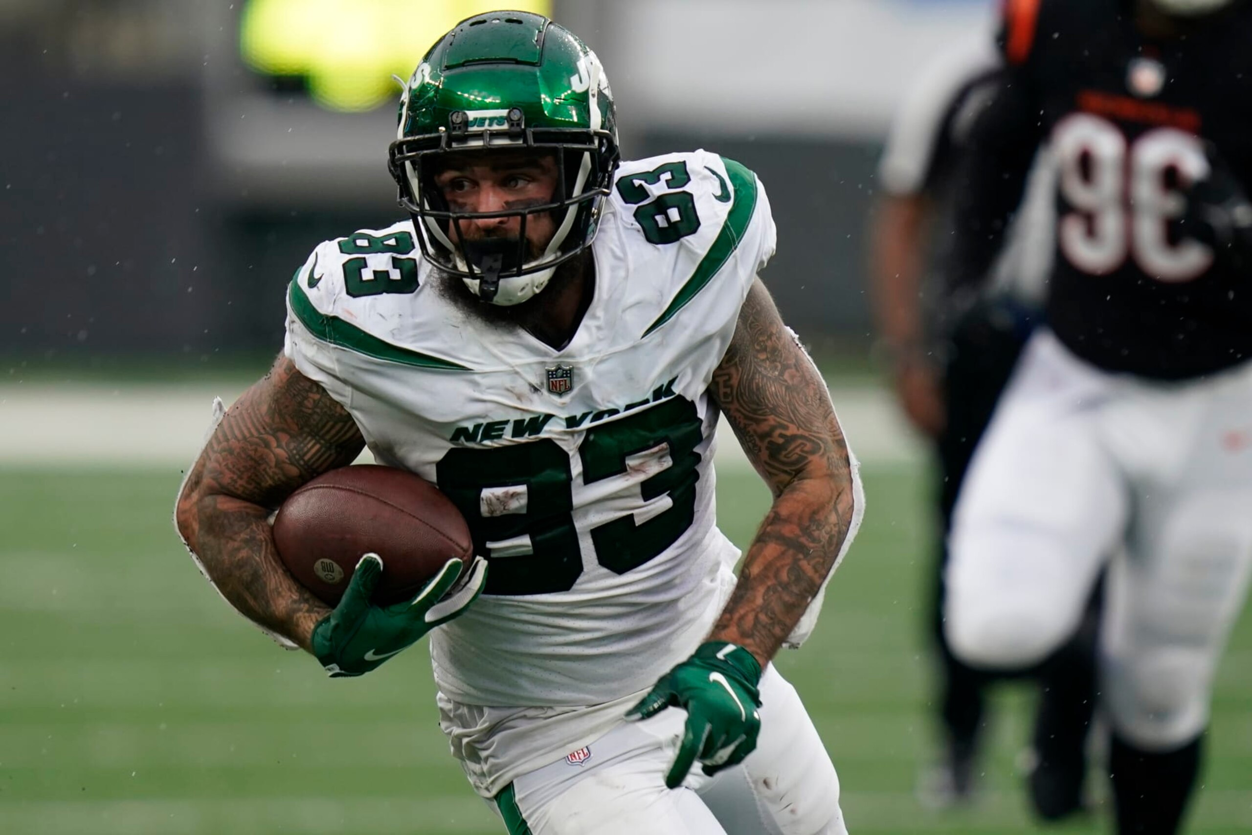 New York Jets tight end Tyler Conklin (83) during the second half of an NFL football game against the Cincinnati Bengals Sunday, Sept. 25, 2022, in East Rutherford, N.J. The Bengals won 27-12. (AP Photo/Seth Wenig)