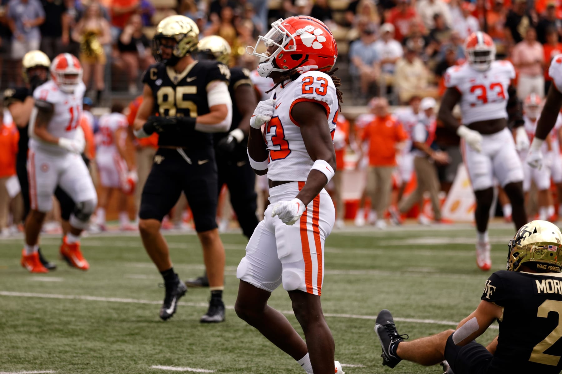 WINSTON-SALEM, NC - SEPTEMBER 24: Toriano Pride Jr. #23 of the Clemson Tigers reacts during their game against the Wake Forest Demon Deacons at Truist Field on September 24, 2022 in Winston-Salem, North Carolina. Clemson won 51-45 in 2OT. (Photo by Lance King/Getty Images)