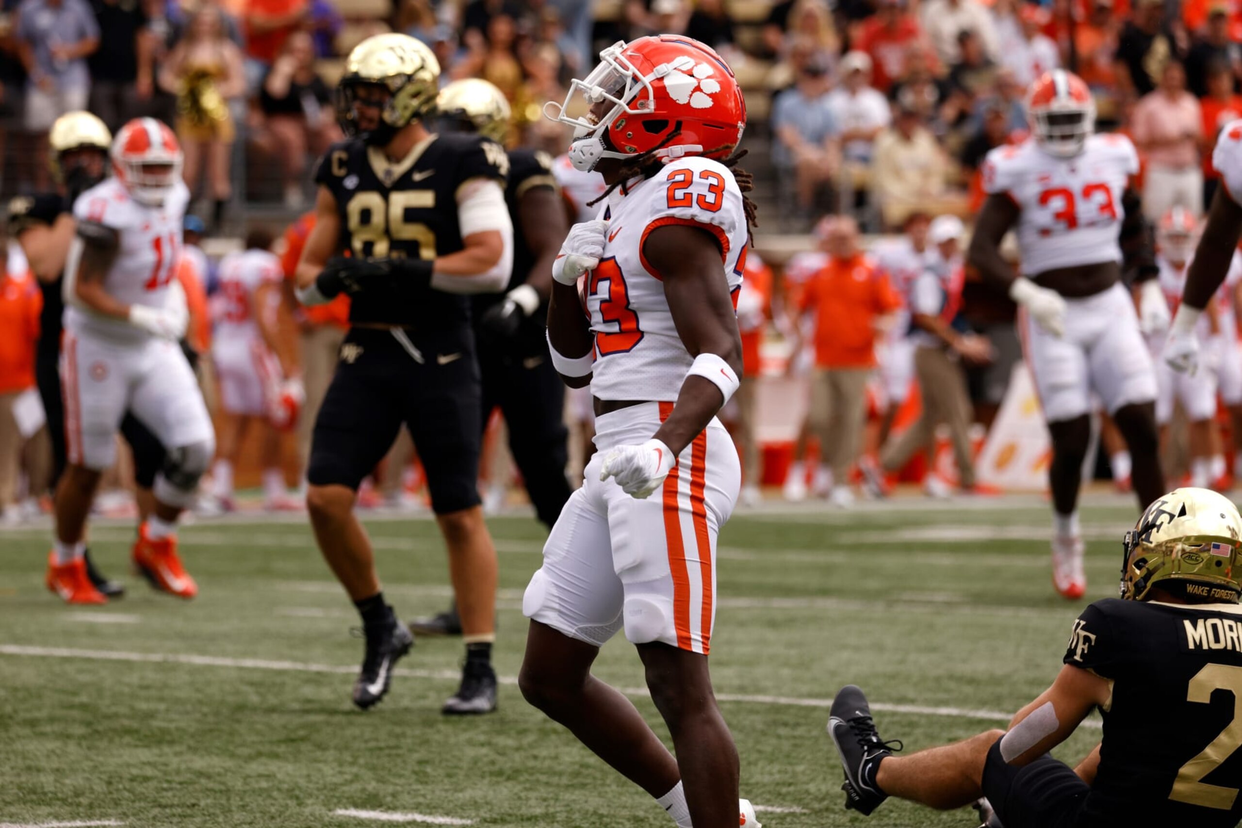 WINSTON-SALEM, NC - SEPTEMBER 24: Toriano Pride Jr. #23 of the Clemson Tigers reacts during their game against the Wake Forest Demon Deacons at Truist Field on September 24, 2022 in Winston-Salem, North Carolina. Clemson won 51-45 in 2OT. (Photo by Lance King/Getty Images) WINSTON-SALEM, NC - SEPTEMBER 24: Toriano Pride Jr. #23 of the Clemson Tigers reacts during their game against the Wake Forest Demon Deacons at Truist Field on September 24, 2022 in Winston-Salem, North Carolina. Clemson won 51-45 in 2OT. (Photo by Lance King/Getty Images)