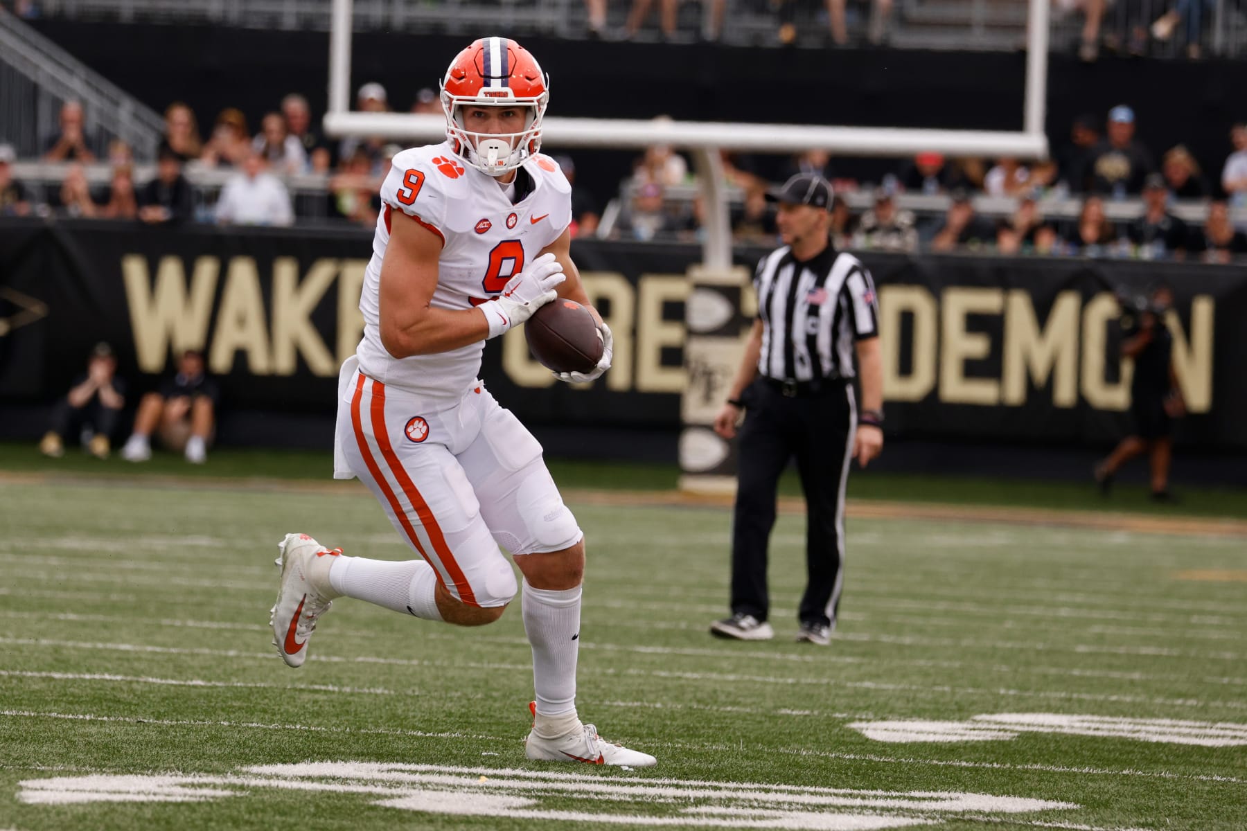 WINSTON-SALEM, NC - SEPTEMBER 24: Jake Briningstool #9 of the Clemson Tigers runs after a catch during their game against the Wake Forest Demon Deacons at Truist Field on September 24, 2022 in Winston-Salem, North Carolina. Clemson won 51-45 in 2OT. (Photo by Lance King/Getty Images)