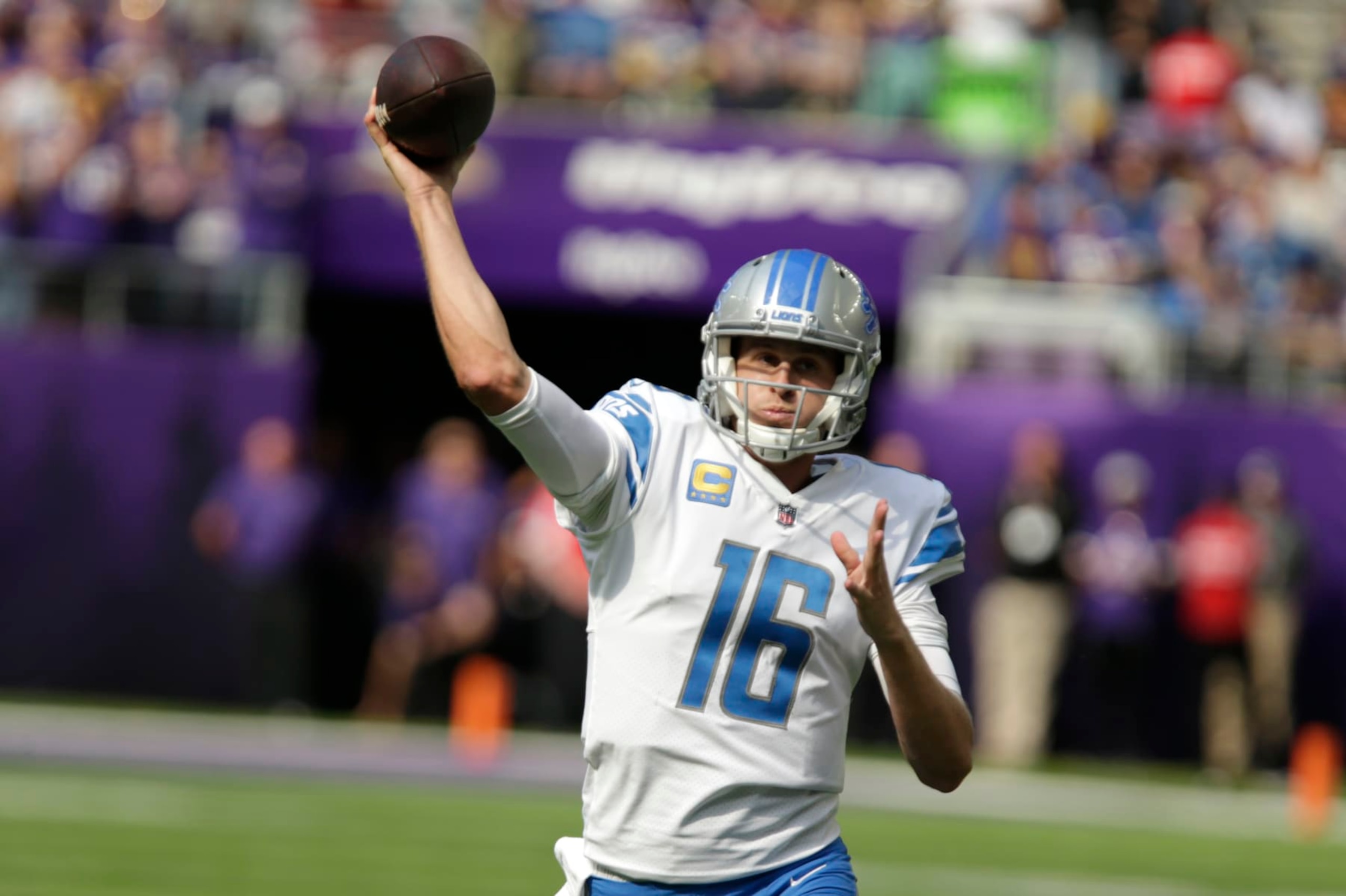 Detroit Lions quarterback Jared Goff (16) throws a pass during the second half of an NFL football game against the Minnesota Vikings, Sunday, Sept. 25, 2022, in Minneapolis. (AP Photo/Andy Clayton-King)