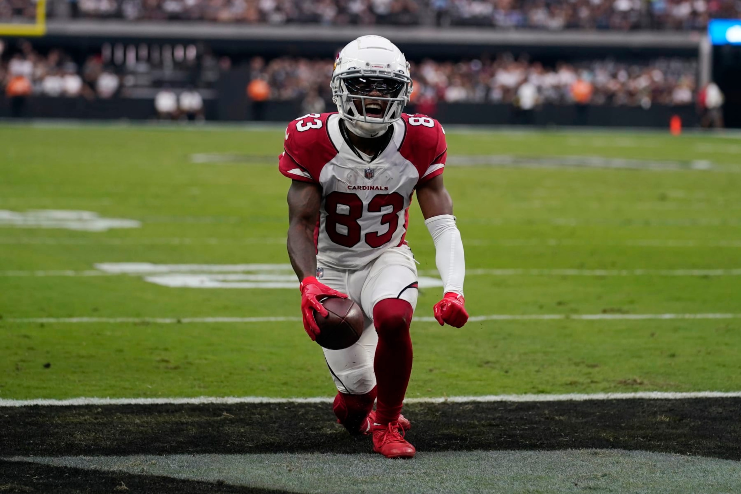 Arizona Cardinals wide receiver Greg Dortch (83) celebrates after a touchdown catch during the second half of an NFL football game against the Las Vegas Raiders Sunday, Sept. 18, 2022, in Las Vegas. (AP Photo/John Locher)