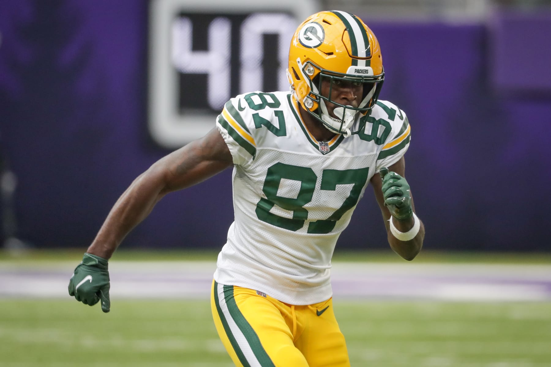 Green Bay Packers wide receiver Romeo Doubs starts a route during the first half of an NFL football game against the Minnesota Vikings, Sunday, Sept. 11, 2022, in Minneapolis. (AP Photo/Bruce Kluckhohn)
