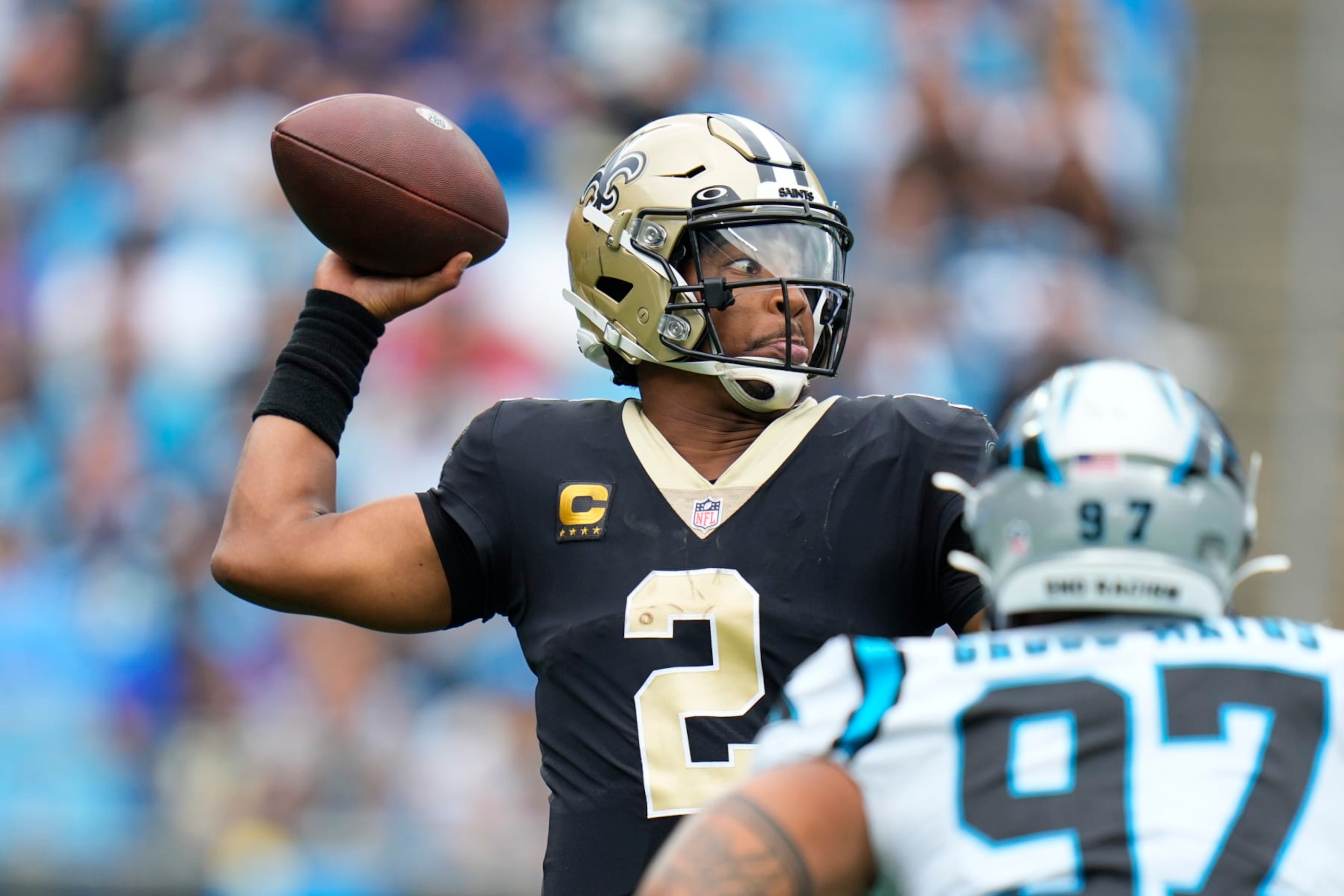 New Orleans Saints quarterback Jameis Winston (2) sets back to pass the ball during the first half of an NFL football game against the Carolina Panthers, Sunday, Sept. 25, 2022, in Charlotte, N.C. (AP Photo/Rusty Jones) New Orleans Saints quarterback Jameis Winston (2) sets back to pass the ball during the first half of an NFL football game against the Carolina Panthers, Sunday, Sept. 25, 2022, in Charlotte, N.C. (AP Photo/Rusty Jones)
