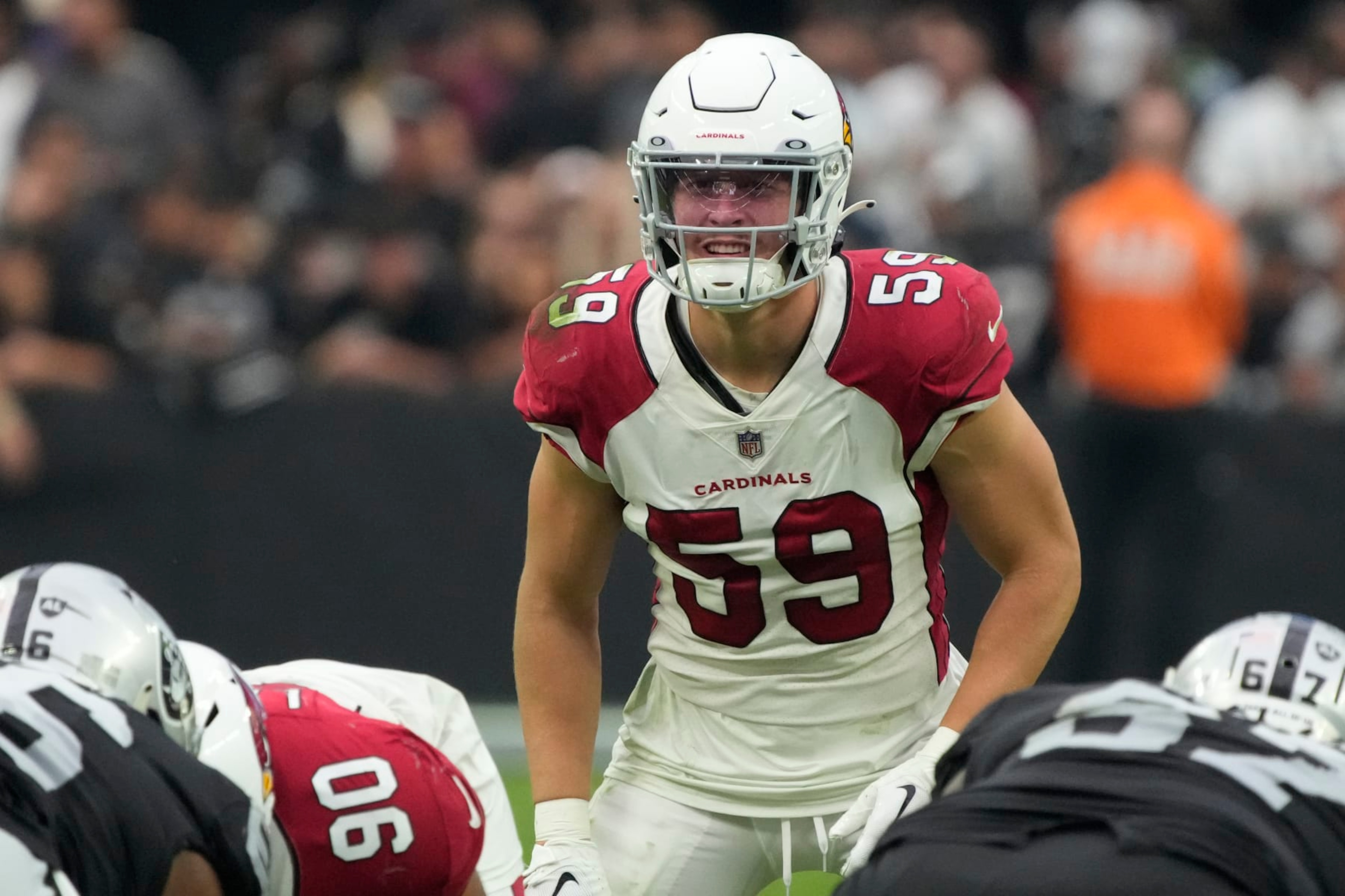 Arizona Cardinals linebacker Nick Vigil (59) during the first half of an NFL football game against the Las Vegas Raiders, Sunday, Sept. 18, 2022, in Las Vegas. (AP Photo/Rick Scuteri) Arizona Cardinals linebacker Nick Vigil (59) during the first half of an NFL football game against the Las Vegas Raiders, Sunday, Sept. 18, 2022, in Las Vegas. (AP Photo/Rick Scuteri)