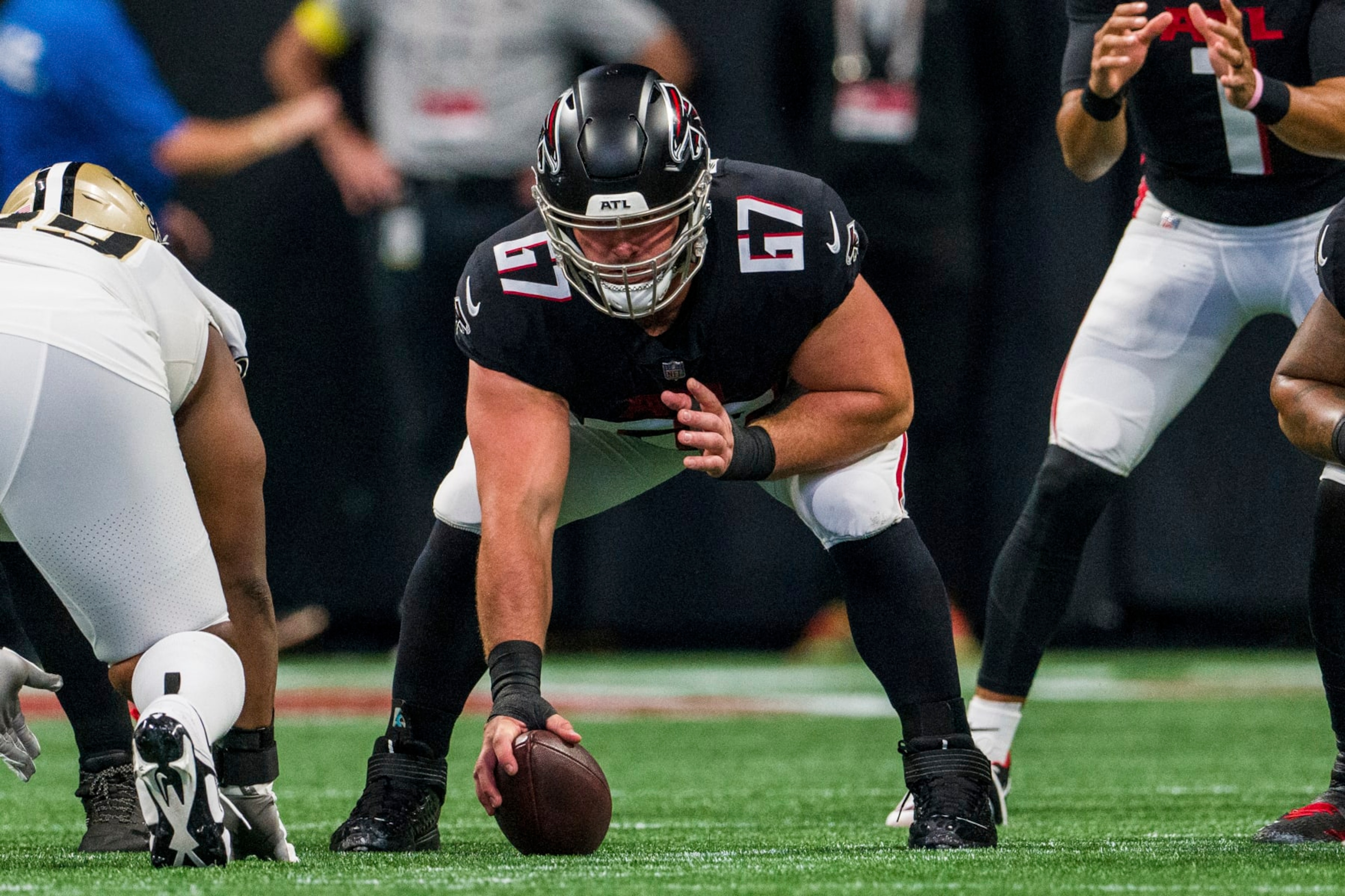 Atlanta Falcons center Drew Dalman (67) lines up during the first half of an NFL football game against the New Orleans Saints, Sunday, Sep. 11, 2022, in Atlanta. The New Orleans Saints won 27-26. (AP Photo/Danny Karnik) Atlanta Falcons center Drew Dalman (67) lines up during the first half of an NFL football game against the New Orleans Saints, Sunday, Sep. 11, 2022, in Atlanta. The New Orleans Saints won 27-26. (AP Photo/Danny Karnik)