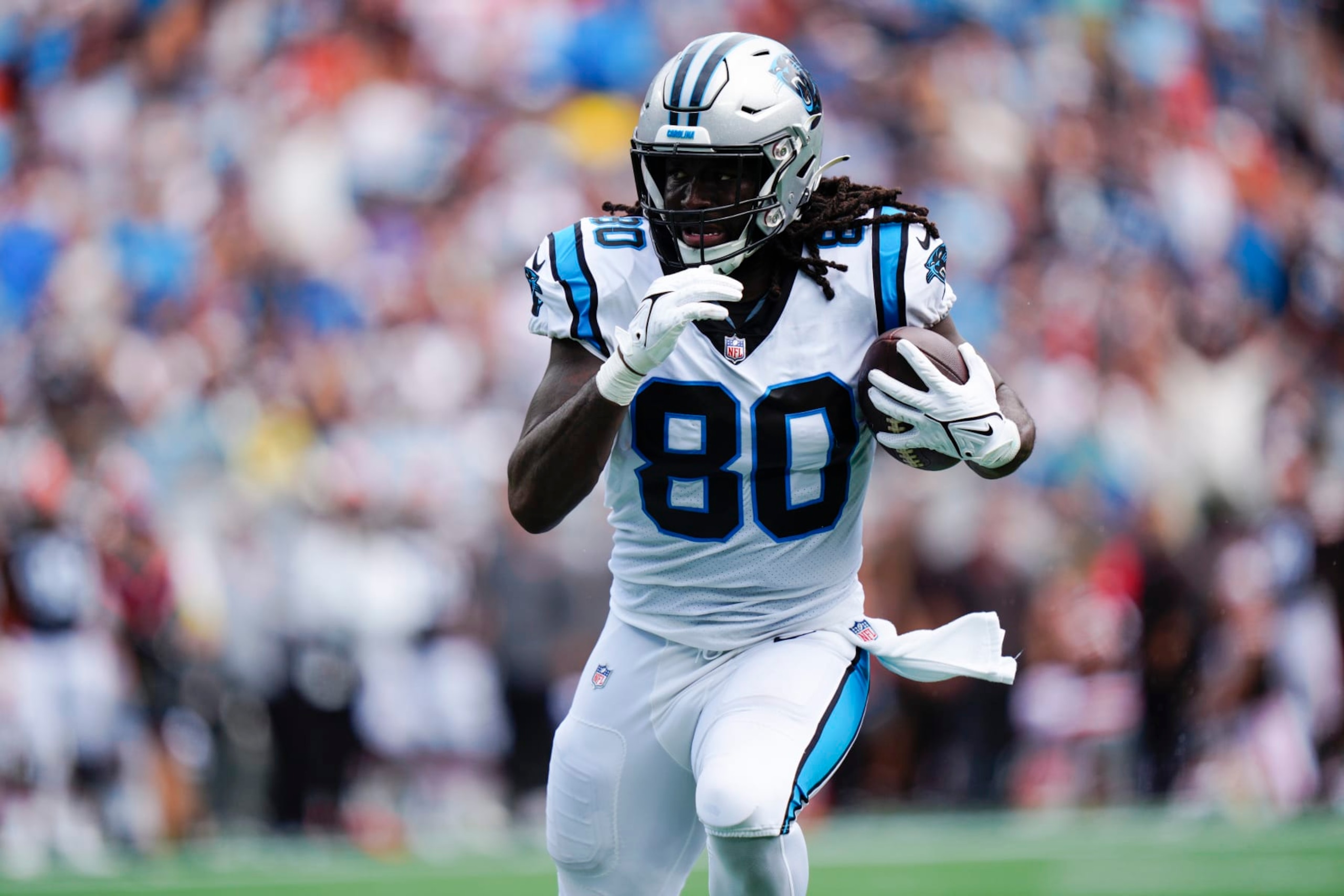 Carolina Panthers tight end Ian Thomas runs against the Cleveland Browns during the first half of an NFL football game on Sunday, Sept. 11, 2022, in Charlotte, N.C. (AP Photo/Jacob Kupferman)