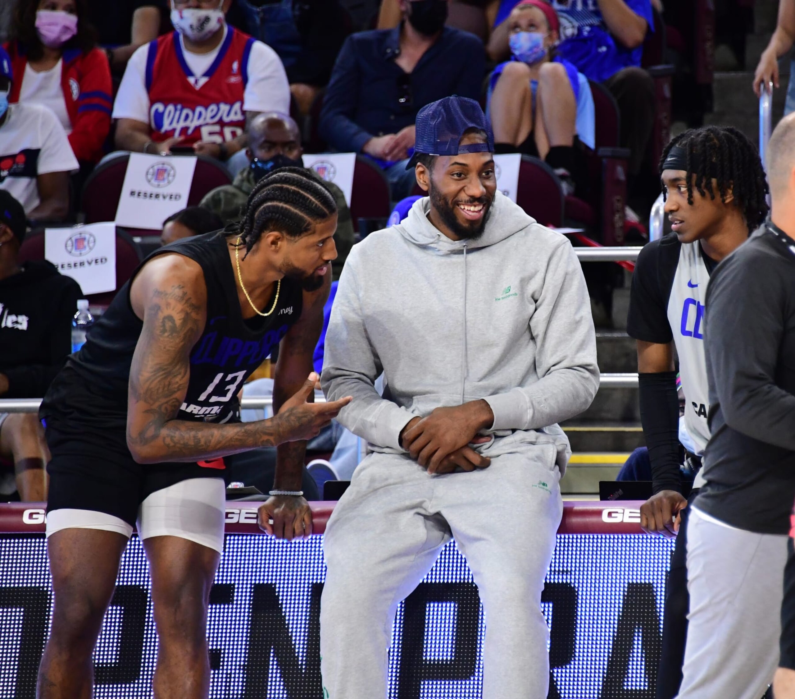 LOS ANGELES, CA - OCTOBER 17: Paul George #13 and Kawhi Leonard #2 of the LA Clippers talk during an open practice at the Galen Center at the University of Southern California on October 17, 2021 in Los Angeles, California. NOTE TO USER: User expressly acknowledges and agrees that, by downloading and/or using this Photograph, user is consenting to the terms and conditions of the Getty Images License Agreement. Mandatory Copyright Notice: Copyright 2021 NBAE (Photo by Adam Pantozzi/NBAE via Getty Images) LOS ANGELES, CA - OCTOBER 17: Paul George #13 and Kawhi Leonard #2 of the LA Clippers talk during an open practice at the Galen Center at the University of Southern California on October 17, 2021 in Los Angeles, California. NOTE TO USER: User expressly acknowledges and agrees that, by downloading and/or using this Photograph, user is consenting to the terms and conditions of the Getty Images License Agreement. Mandatory Copyright Notice: Copyright 2021 NBAE (Photo by Adam Pantozzi/NBAE via Getty Images)