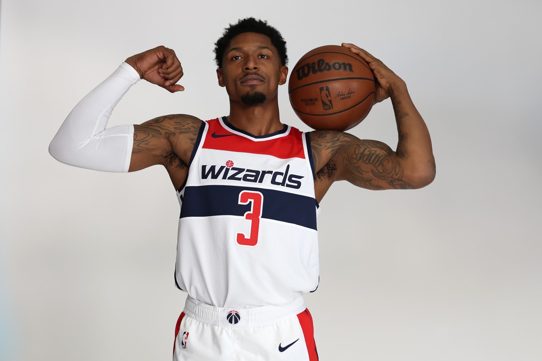 WASHINGTON, DC - SEPTEMBER 23: Bradley Beal #3 of the Washington Wizards participates during the Washington Wizards Media Day at Capital One Arena on September 23, 2022 in Washington, DC. The 2022–23 NBA season will begin in October. NOTE TO USER: User expressly acknowledges and agrees that, by downloading and or using this photograph, User is consenting to the terms and conditions of the Getty Images License Agreement. (Photo by Patrick Smith/Getty Images)
