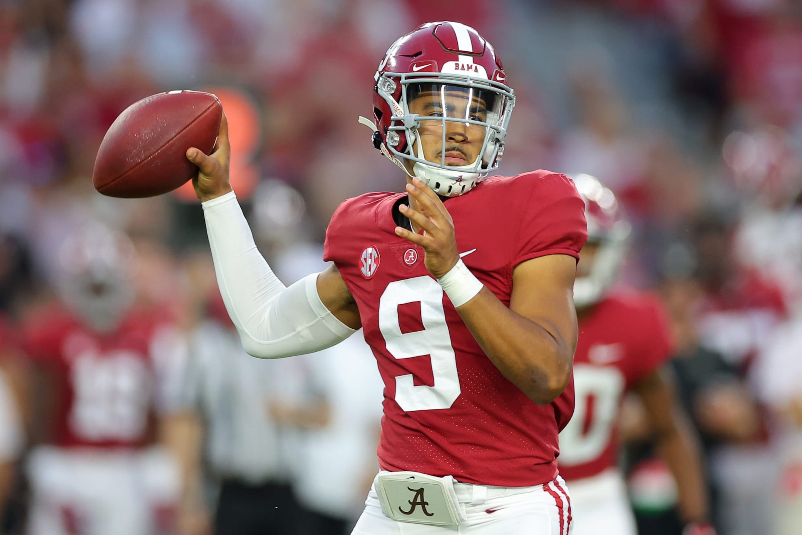 TUSCALOOSA, ALABAMA - SEPTEMBER 24: Bryce Young #9 of the Alabama Crimson Tide throws a pass against the Vanderbilt Commodores during the first half of the game at Bryant-Denny Stadium on September 24, 2022 in Tuscaloosa, Alabama. (Photo by Kevin C. Cox/Getty Images) TUSCALOOSA, ALABAMA - SEPTEMBER 24: Bryce Young #9 of the Alabama Crimson Tide throws a pass against the Vanderbilt Commodores during the first half of the game at Bryant-Denny Stadium on September 24, 2022 in Tuscaloosa, Alabama. (Photo by Kevin C. Cox/Getty Images)