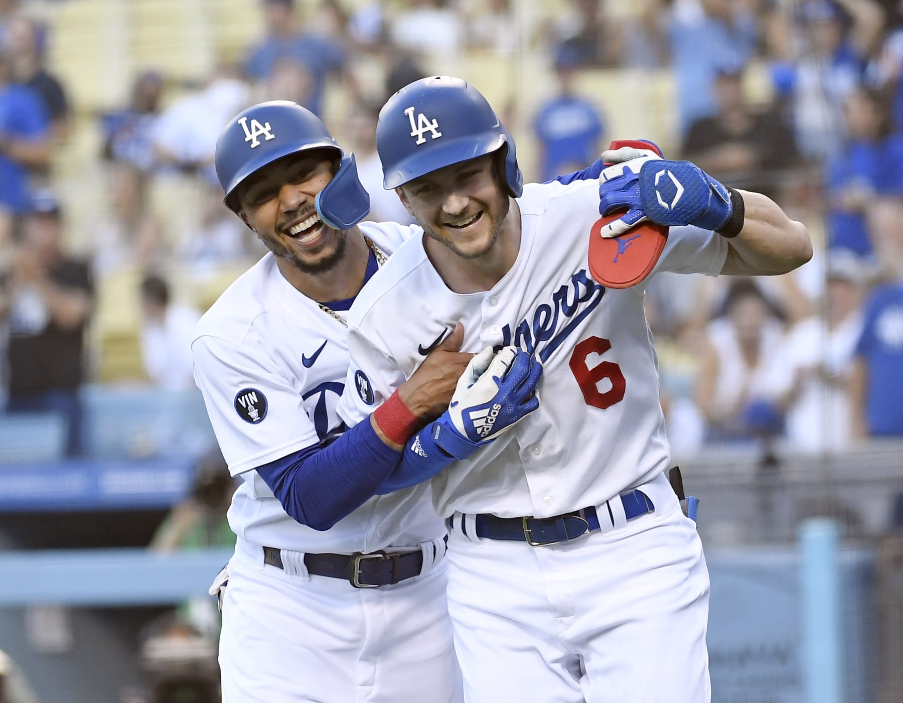 LOS ANGELES, CA - SEPTEMBER 03: Trea Turner #6 of the Los Angeles Dodgers is congratulated by Mookie Betts #50 after hitting a two-run home run against starting pitcher Sean Manaea #55 of the San Diego Padres during the first inning  at Dodger Stadium on September 3, 2022 in Los Angeles, California. (Photo by Kevork Djansezian/Getty Images)