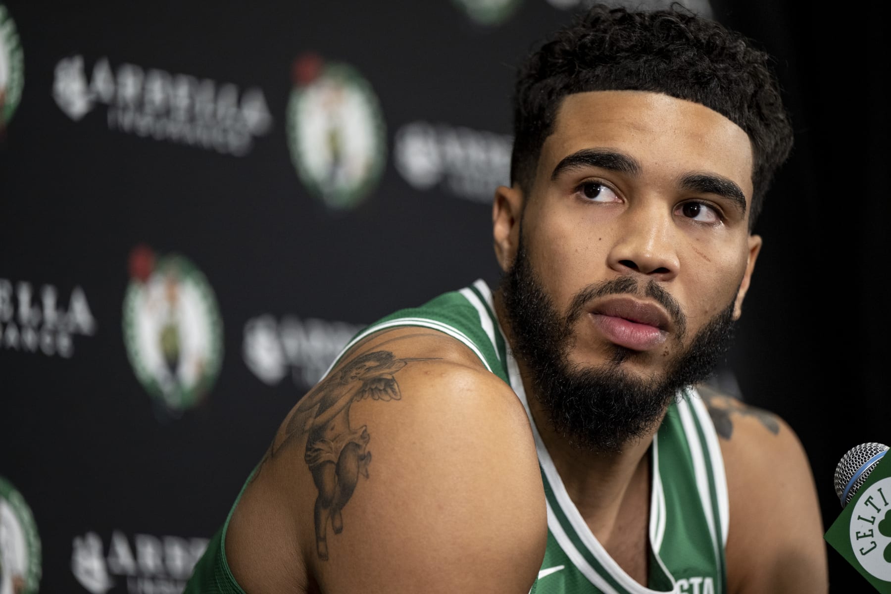 CANTON, MA - SEPTEMBER 26: Jayson Tatum #0 of the Boston Celtics addresses the media during Boston Celtics Media Day at High Output Studios on September 26, 2022 in Canton, Massachusetts. NOTE TO USER: User expressly acknowledges and agrees that, by downloading and/or using this photograph, user is consenting to the terms and conditions of the Getty Images License Agreement. (Photo by Maddie Malhotra/Getty Images)