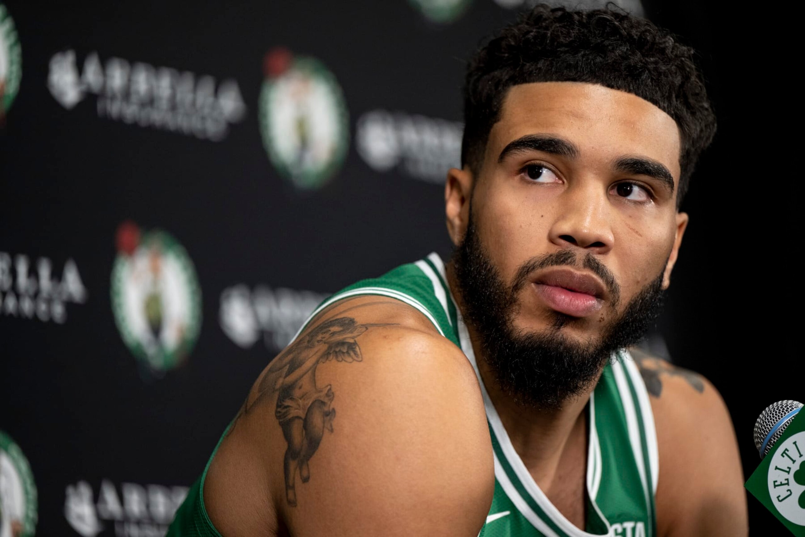 CANTON, MA - SEPTEMBER 26: Jayson Tatum #0 of the Boston Celtics addresses the media during Boston Celtics Media Day at High Output Studios on September 26, 2022 in Canton, Massachusetts. NOTE TO USER: User expressly acknowledges and agrees that, by downloading and/or using this photograph, user is consenting to the terms and conditions of the Getty Images License Agreement. (Photo by Maddie Malhotra/Getty Images)