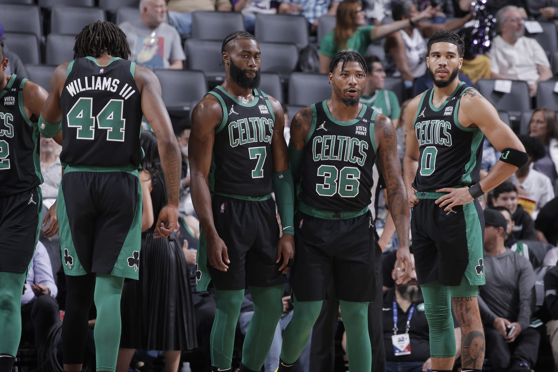 SACRAMENTO, CA - MARCH 18: Jaylen Brown #7, Marcus Smart #36 and Jayson Tatum #0 of the Boston Celtics face the Sacramento Kings on March 18, 2022 at Golden 1 Center in Sacramento, California. NOTE TO USER: User expressly acknowledges and agrees that, by downloading and or using this photograph, User is consenting to the terms and conditions of the Getty Images Agreement. Mandatory Copyright Notice: Copyright 2022 NBAE (Photo by Rocky Widner/NBAE via Getty Images)