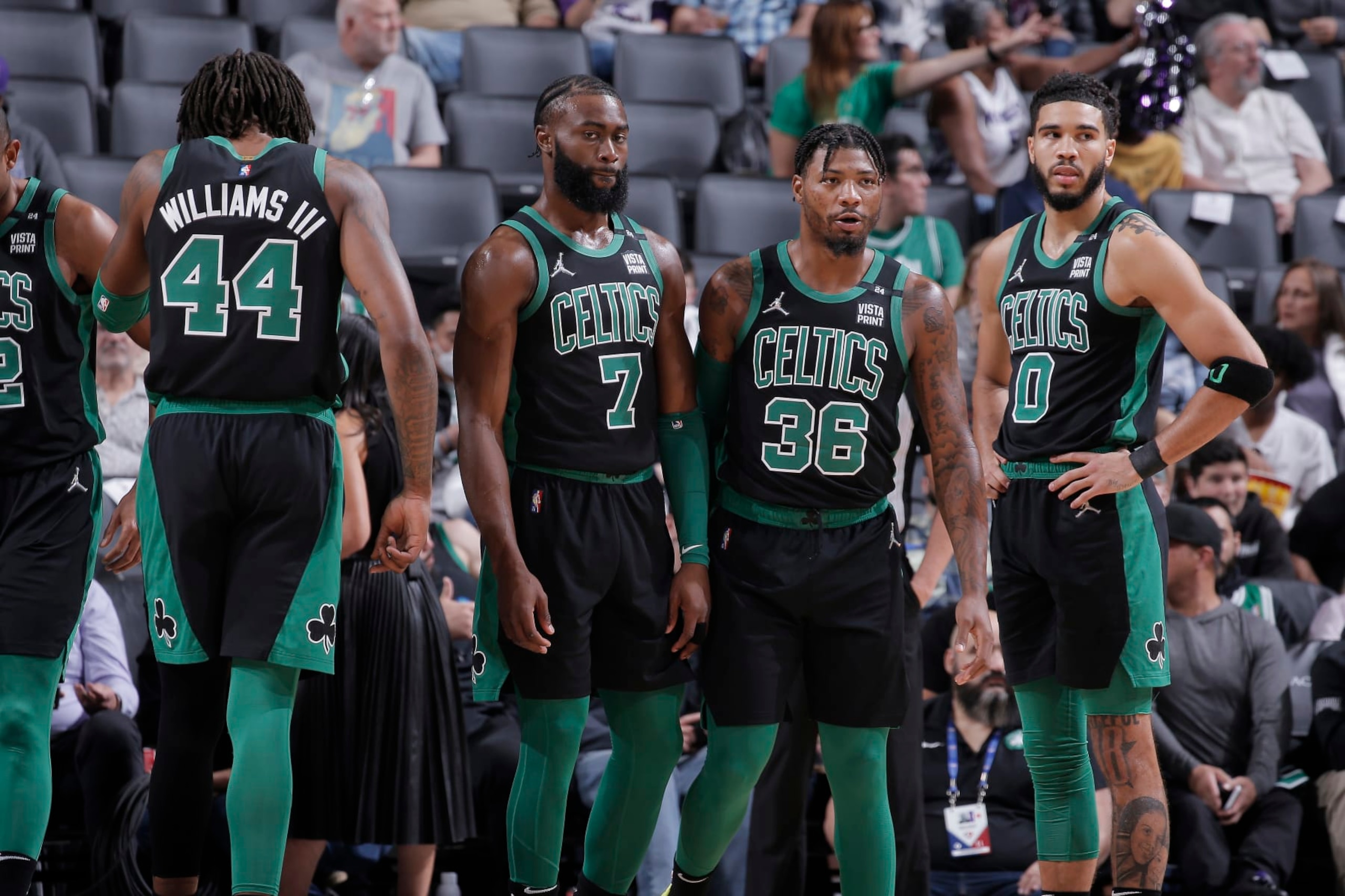SACRAMENTO, CA - MARCH 18: Jaylen Brown #7, Marcus Smart #36 and Jayson Tatum #0 of the Boston Celtics face the Sacramento Kings on March 18, 2022 at Golden 1 Center in Sacramento, California. NOTE TO USER: User expressly acknowledges and agrees that, by downloading and or using this photograph, User is consenting to the terms and conditions of the Getty Images Agreement. Mandatory Copyright Notice: Copyright 2022 NBAE (Photo by Rocky Widner/NBAE via Getty Images)