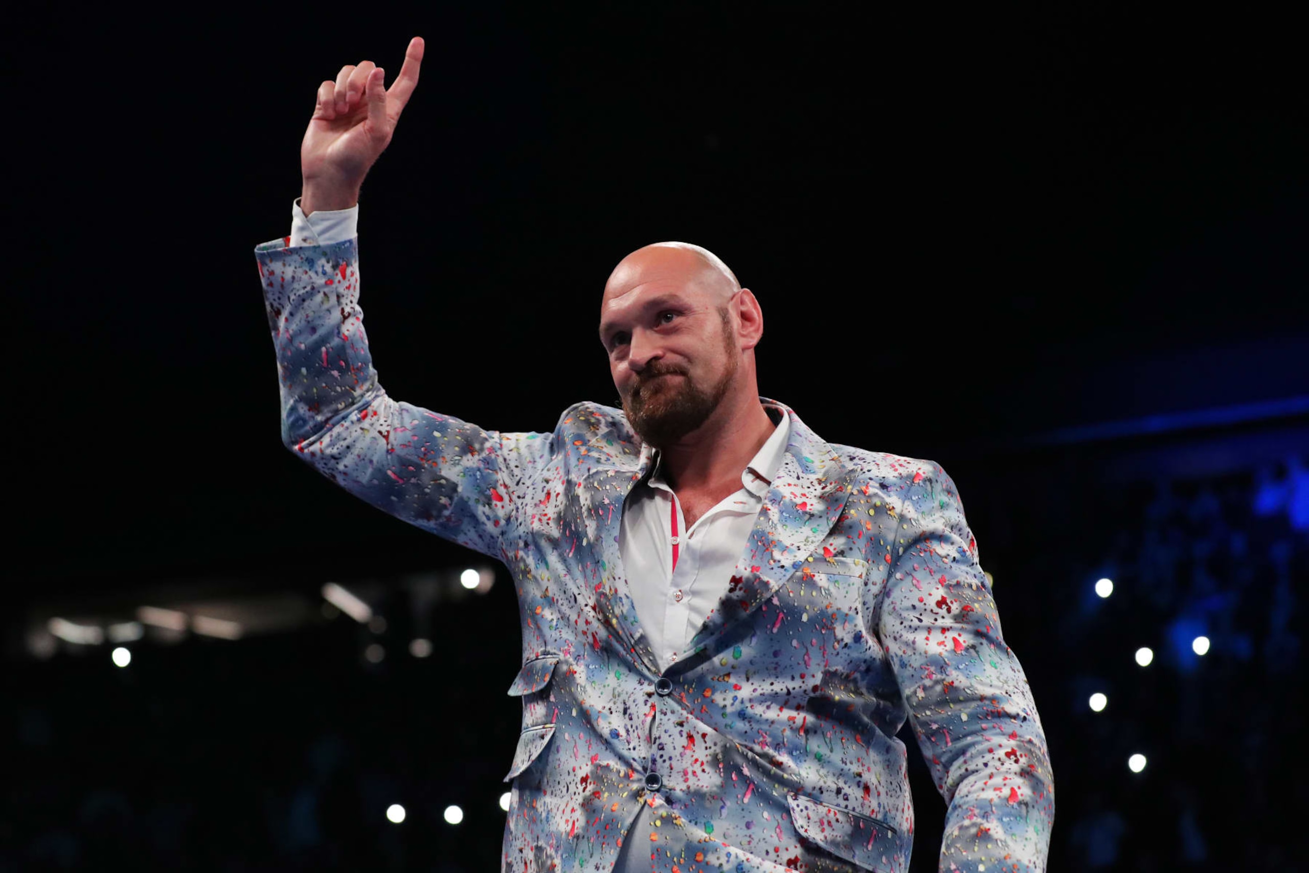 MANCHESTER, ENGLAND - SEPTEMBER 24: Tyson Fury reacts prior to the Vacant WBO Interim World Heavyweight Championship fight between Joe Joyce and Joseph Parker at AO Arena on September 24, 2022 in Manchester, England. (Photo by Alex Livesey/Getty Images)