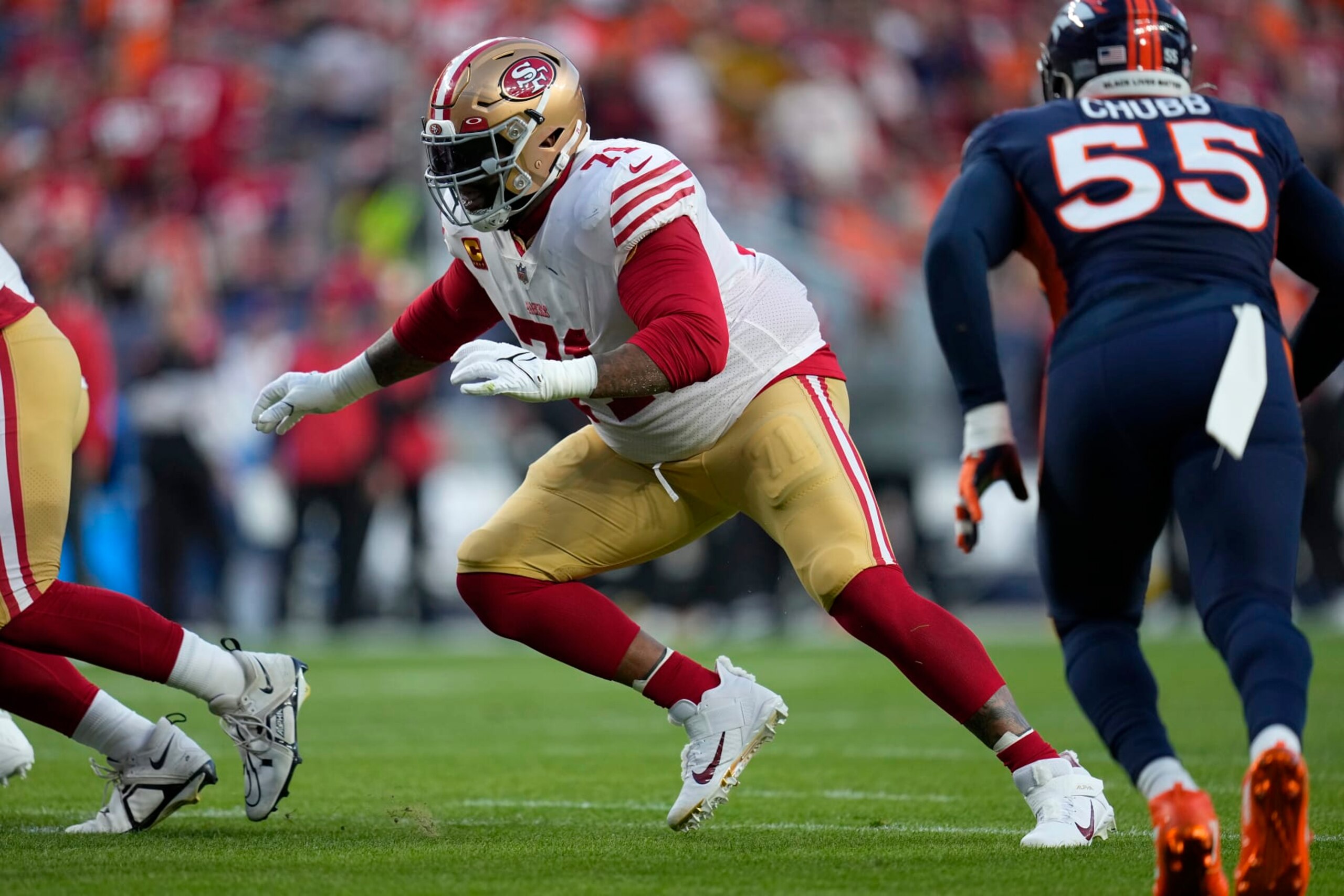 San Francisco 49ers offensive tackle Trent Williams (71) against the Denver Broncos during the first half of an NFL football game in Denver, Sunday, Sept. 25, 2022. (AP Photo/Jack Dempsey)