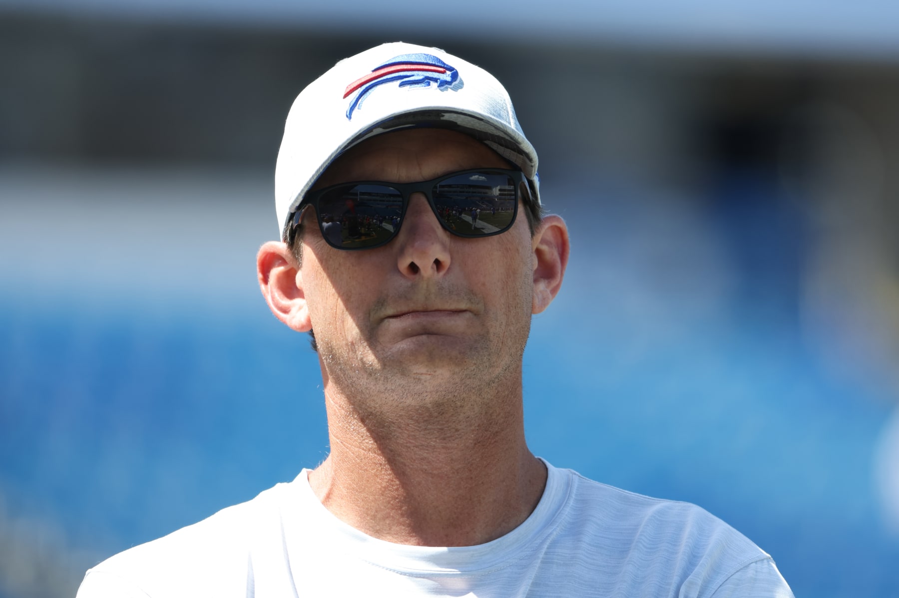 ORCHARD PARK, NY - AUGUST 13: Buffalo Bills offensive coordinator Ken Dorsey on the field before a preseason game against the Indianapolis Colts at Highmark Stadium on August 13, 2022 in Orchard Park, New York. (Photo by Timothy T Ludwig/Getty Images)