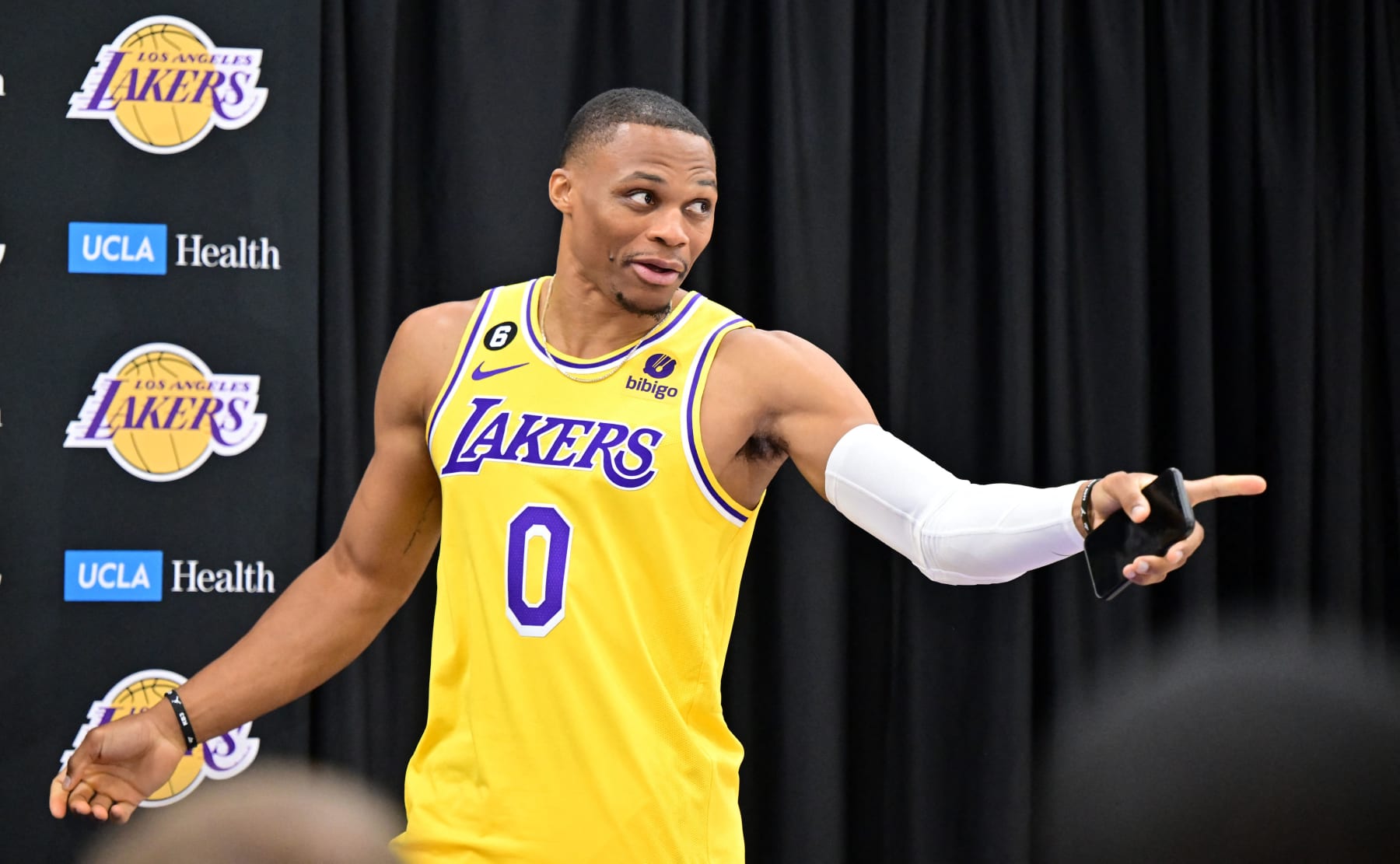 Los Angeles Lakers Russell Westbrook arrives to speak to members of the press during the Los Angeles Lakers media day in El Segundo, California, on September 26, 2022. (Photo by Frederic J. BROWN / AFP) (Photo by FREDERIC J. BROWN/AFP via Getty Images)