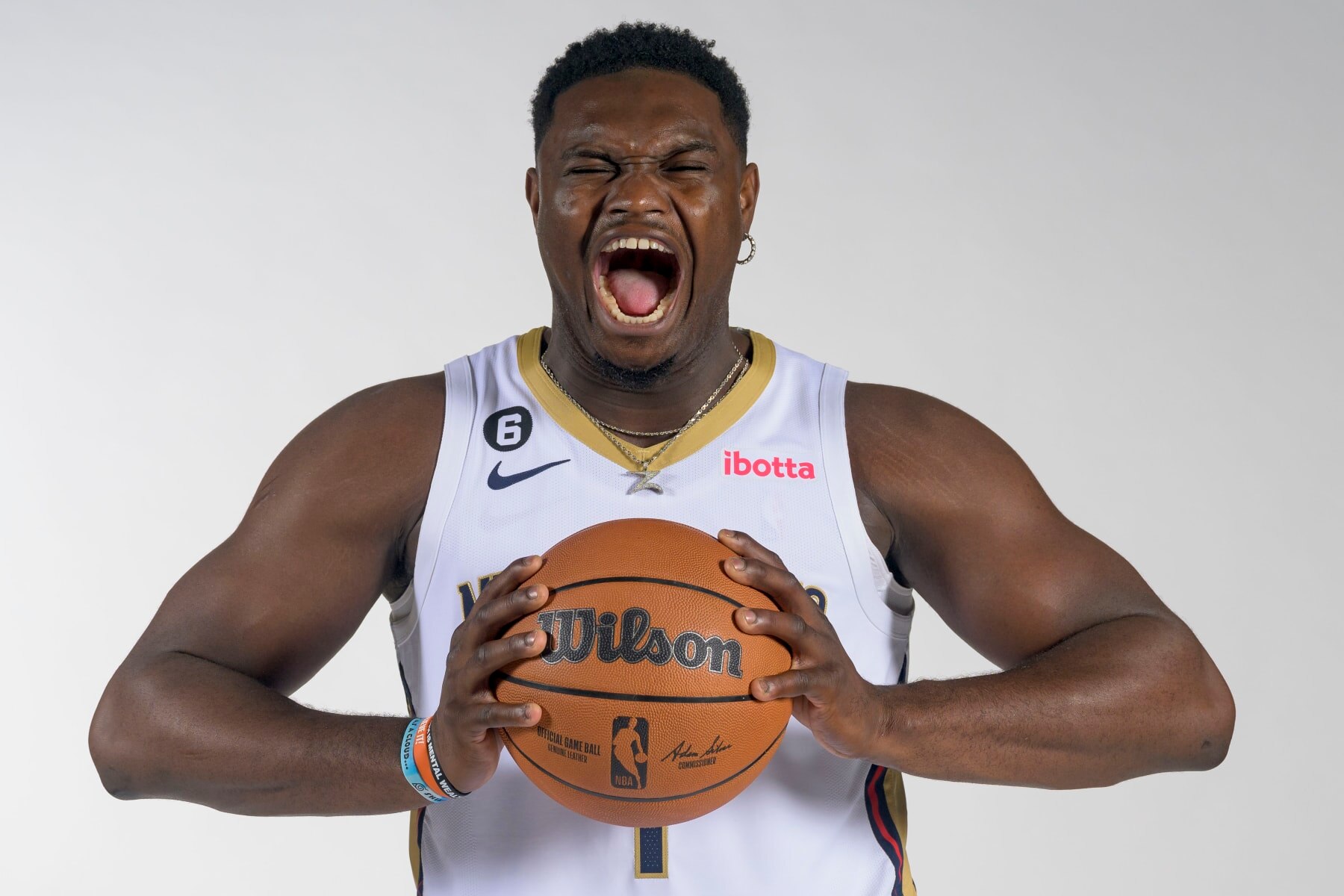 New Orleans Pelicans power forward Zion Williamson (1) takes part in the NBA Pelicans basketball media day in New Orleans, Monday, Sept. 26, 2022. (AP Photo/Matthew Hinton)