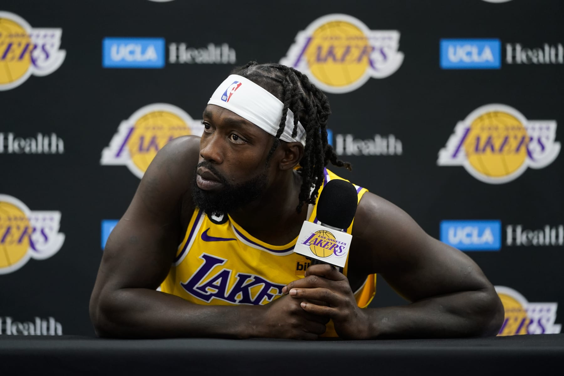 Los Angeles Lakers' Patrick Beverley attends a news conference during the NBA basketball team's Media Day Monday, Sept. 26, 2022, in El Segundo, Calif. (AP Photo/Jae C. Hong)