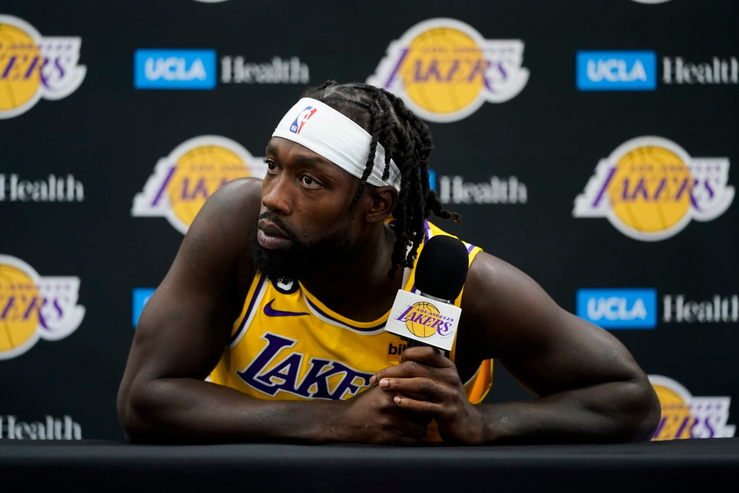 Los Angeles Lakers' Patrick Beverley attends a news conference during the NBA basketball team's Media Day Monday, Sept. 26, 2022, in El Segundo, Calif. (AP Photo/Jae C. Hong)