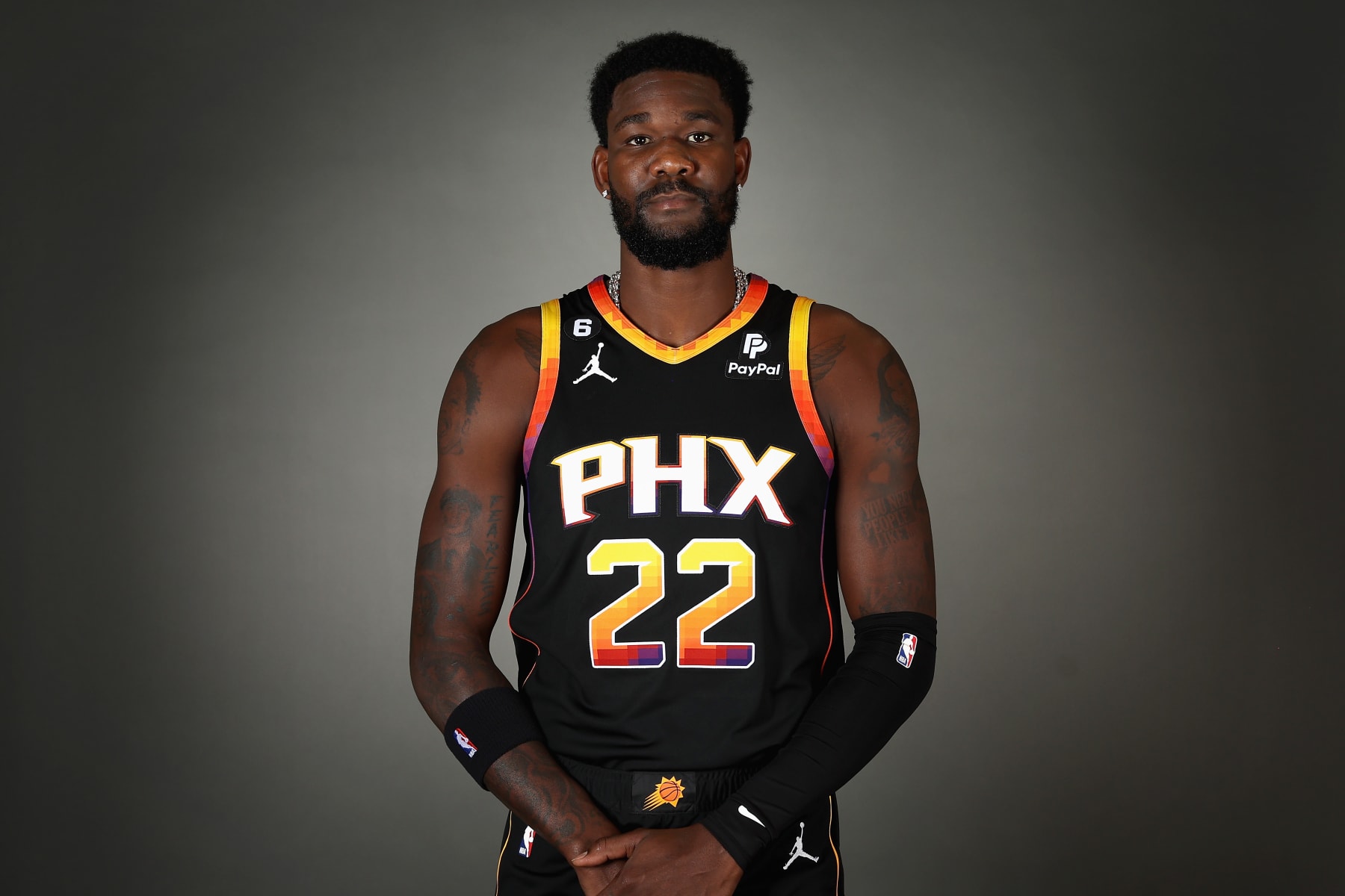 PHOENIX, ARIZONA - SEPTEMBER 26: 	Deandre Ayton #22 of the Phoenix Suns poses for a portrait during NBA media day at Events On Jackson on September 26, 2022 in Phoenix, Arizona. (Photo by Christian Petersen/Getty Images)