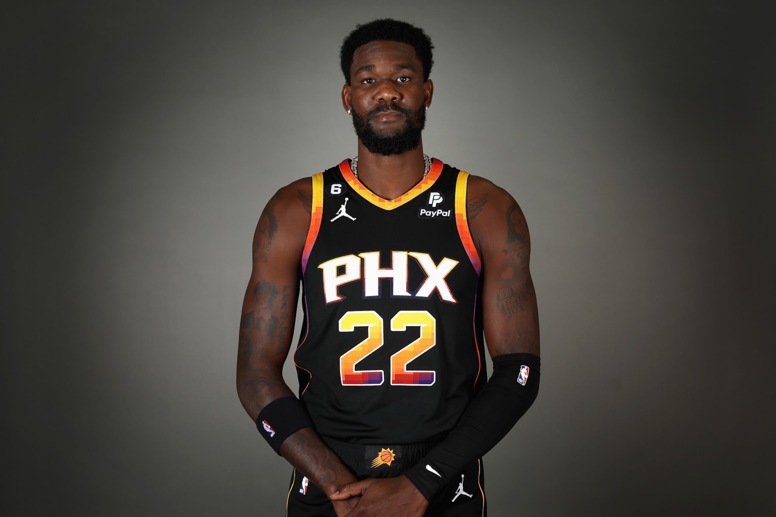 PHOENIX, ARIZONA - SEPTEMBER 26: 	Deandre Ayton #22 of the Phoenix Suns poses for a portrait during NBA media day at Events On Jackson on September 26, 2022 in Phoenix, Arizona. (Photo by Christian Petersen/Getty Images)