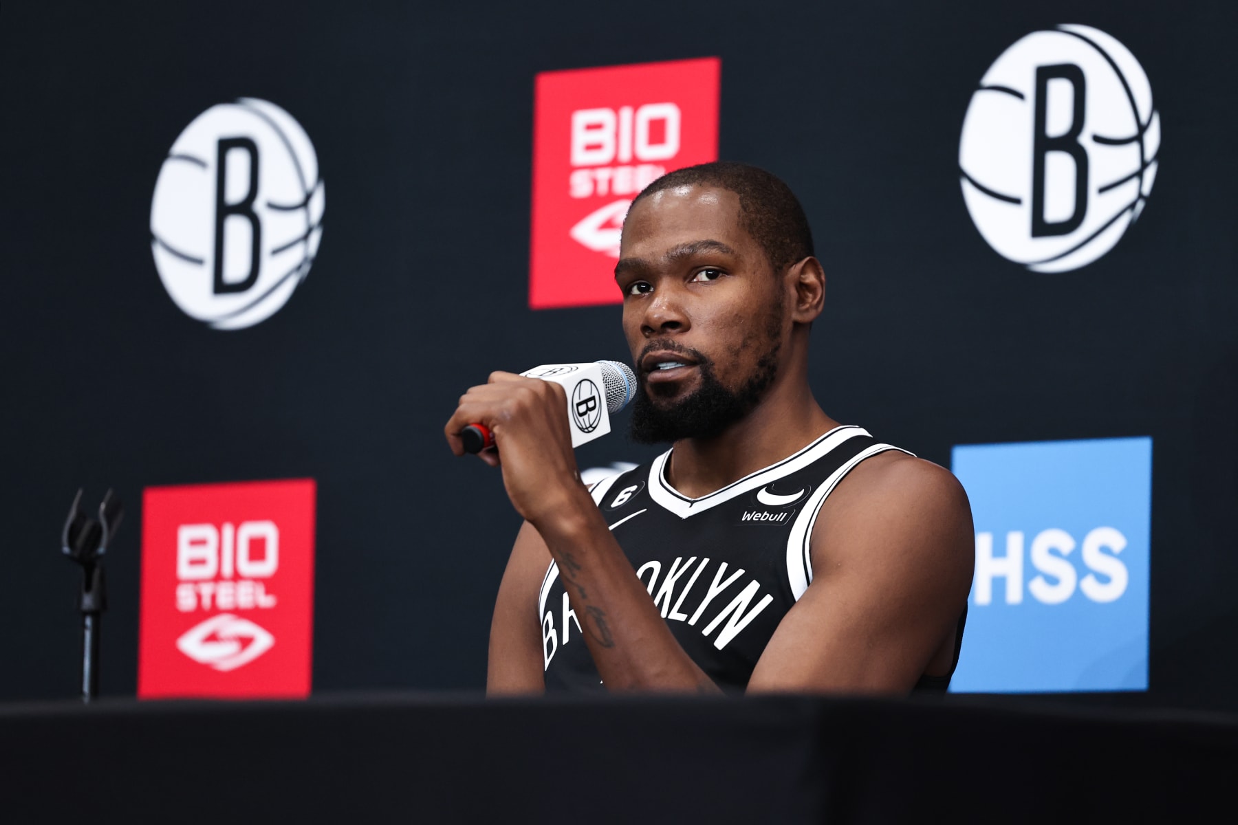 NEW YORK, NEW YORK - SEPTEMBER 26: Kevin Durant #7 of the Brooklyn Nets speaks during a press conference at Brooklyn Nets Media Day at HSS Training Center on September 26, 2022 in the Brooklyn borough of New York City. NOTE TO USER: User expressly acknowledges and agrees that, by downloading and/or using this photograph, User is consenting to the terms and conditions of the Getty Images License Agreement. (Photo by Dustin Satloff/Getty Images)