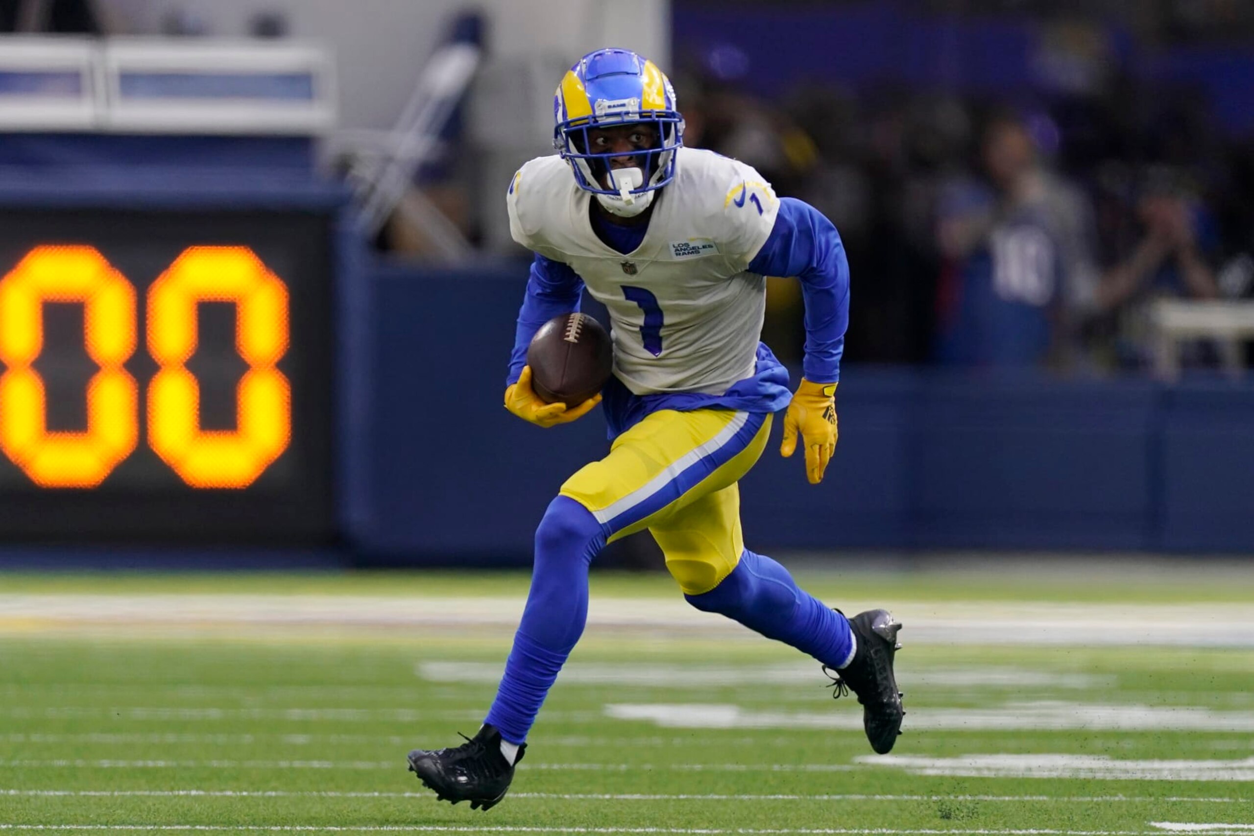 Los Angeles Rams wide receiver Allen Robinson II runs the ball during an NFL football game against the Atlanta Falcons Sunday, Sept. 18, 2022, in Inglewood, Calif. (AP Photo/Mark J. Terrill)