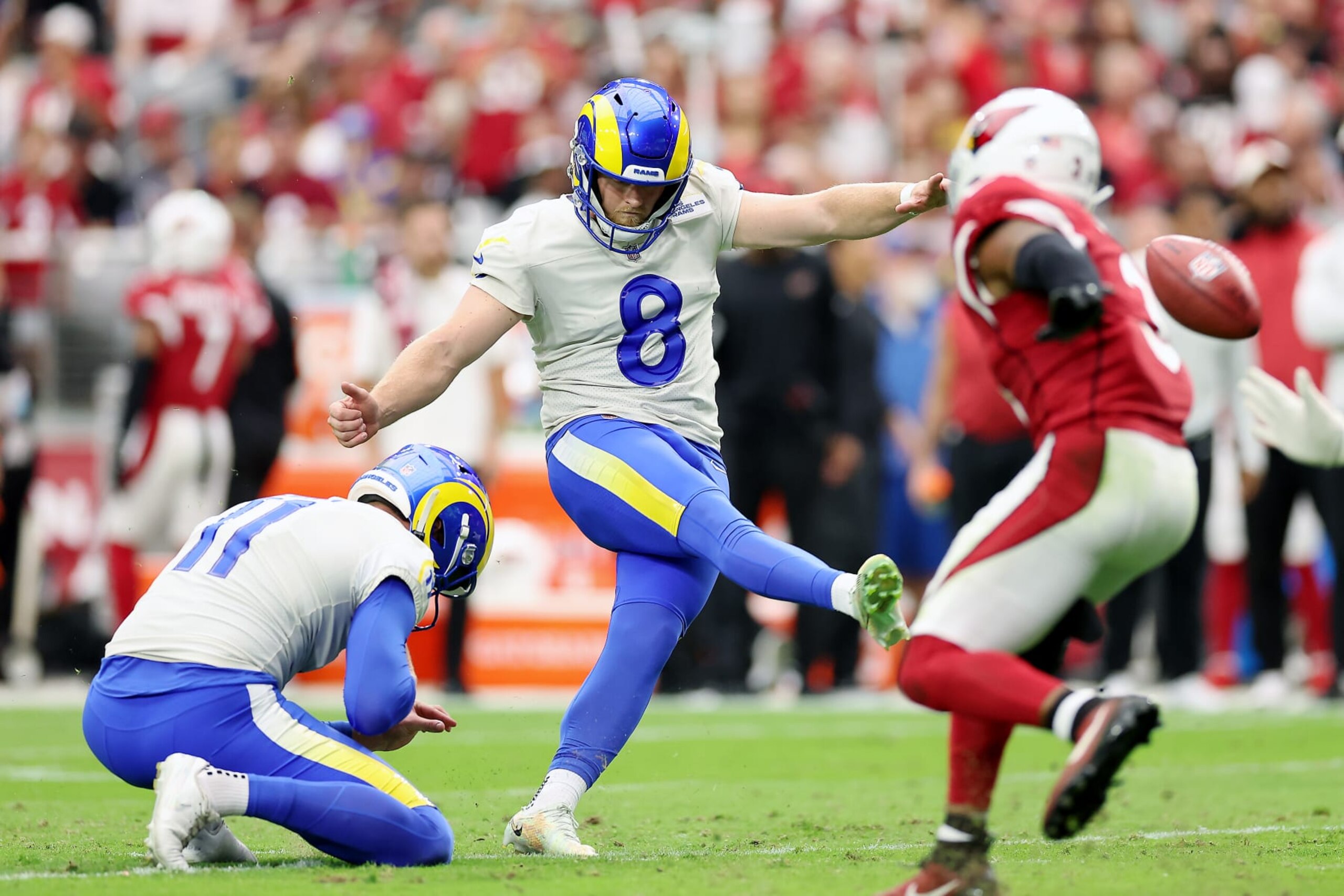 GLENDALE, ARIZONA - SEPTEMBER 25: Place kicker Matt Gay #8 of the Los Angeles Rams kicks a field goal in the second quarter of the game against the Arizona Cardinals at State Farm Stadium on September 25, 2022 in Glendale, Arizona. (Photo by Christian Petersen/Getty Images) GLENDALE, ARIZONA - SEPTEMBER 25: Place kicker Matt Gay #8 of the Los Angeles Rams kicks a field goal in the second quarter of the game against the Arizona Cardinals at State Farm Stadium on September 25, 2022 in Glendale, Arizona. (Photo by Christian Petersen/Getty Images)