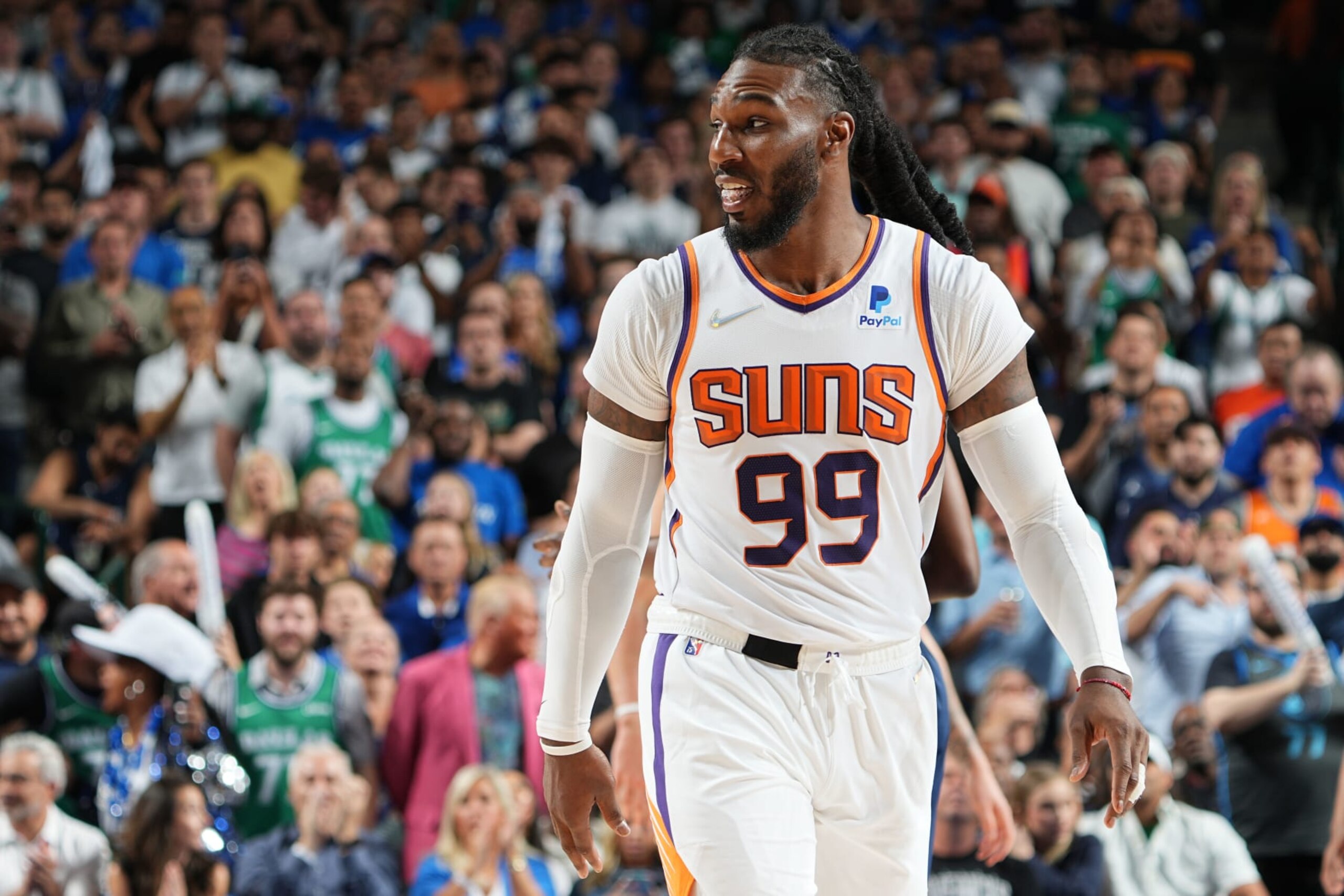 DALLAS, TX - MAY 12: Jae Crowder #99 of the Phoenix Suns. looks on during the game against the Dallas Mavericks during Game 6 of the 2022 NBA Playoffs Western Conference Semifinals on May 12, 2022 at the American Airlines Center in Dallas, Texas. NOTE TO USER: User expressly acknowledges and agrees that, by downloading and or using this photograph, User is consenting to the terms and conditions of the Getty Images License Agreement. Mandatory Copyright Notice: Copyright 2022 NBAE (Photo by Glenn James/NBAE via Getty Images)