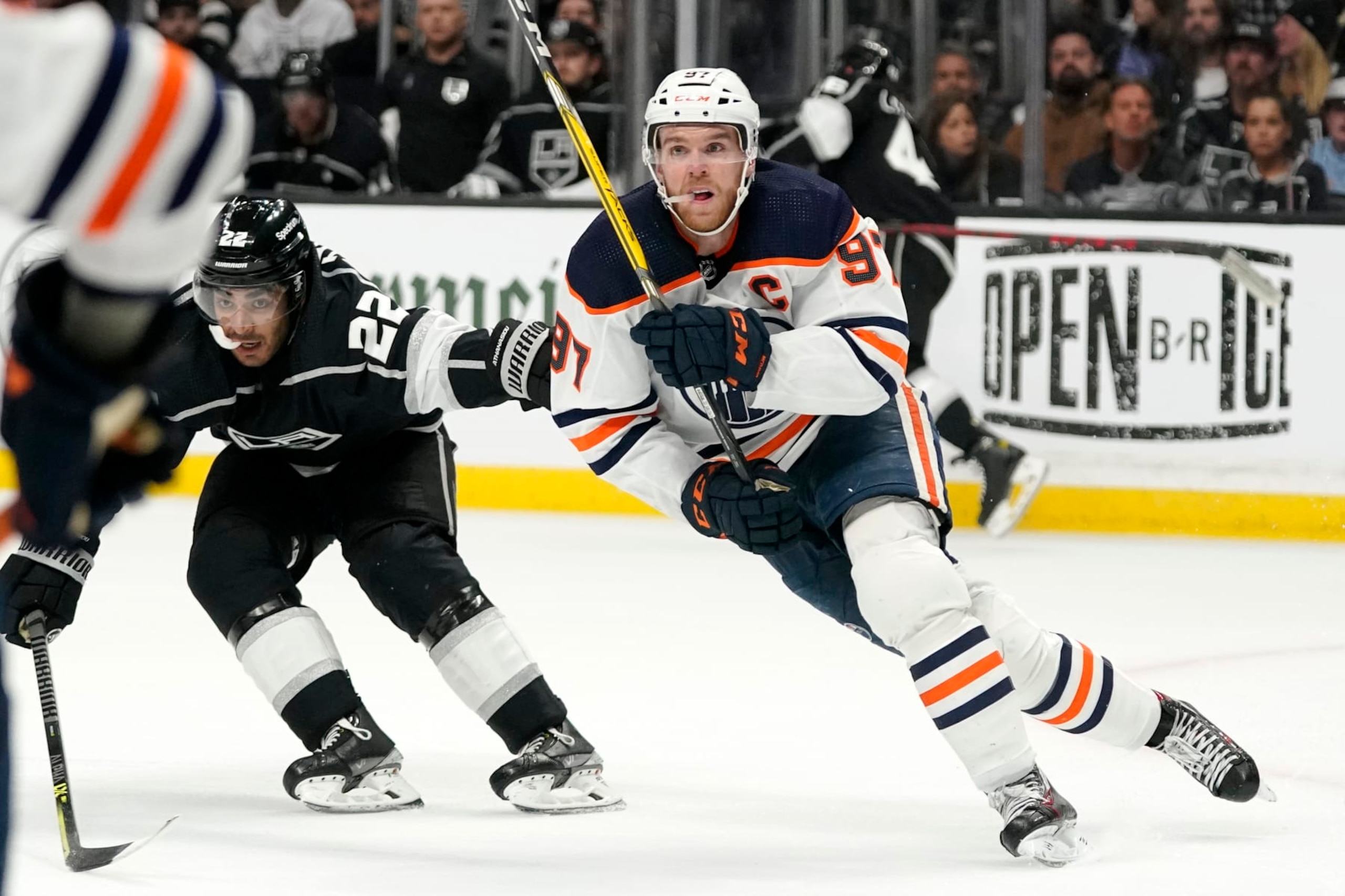 Edmonton Oilers center Connor McDavid, right, skates while being followed by Los Angeles Kings center Andreas Athanasiou during the second period in Game 6 of an NHL hockey Stanley Cup first-round playoff series Thursday, May 12, 2022, in Los Angeles. (AP Photo/Mark J. Terrill) Edmonton Oilers center Connor McDavid, right, skates while being followed by Los Angeles Kings center Andreas Athanasiou during the second period in Game 6 of an NHL hockey Stanley Cup first-round playoff series Thursday, May 12, 2022, in Los Angeles. (AP Photo/Mark J. Terrill)