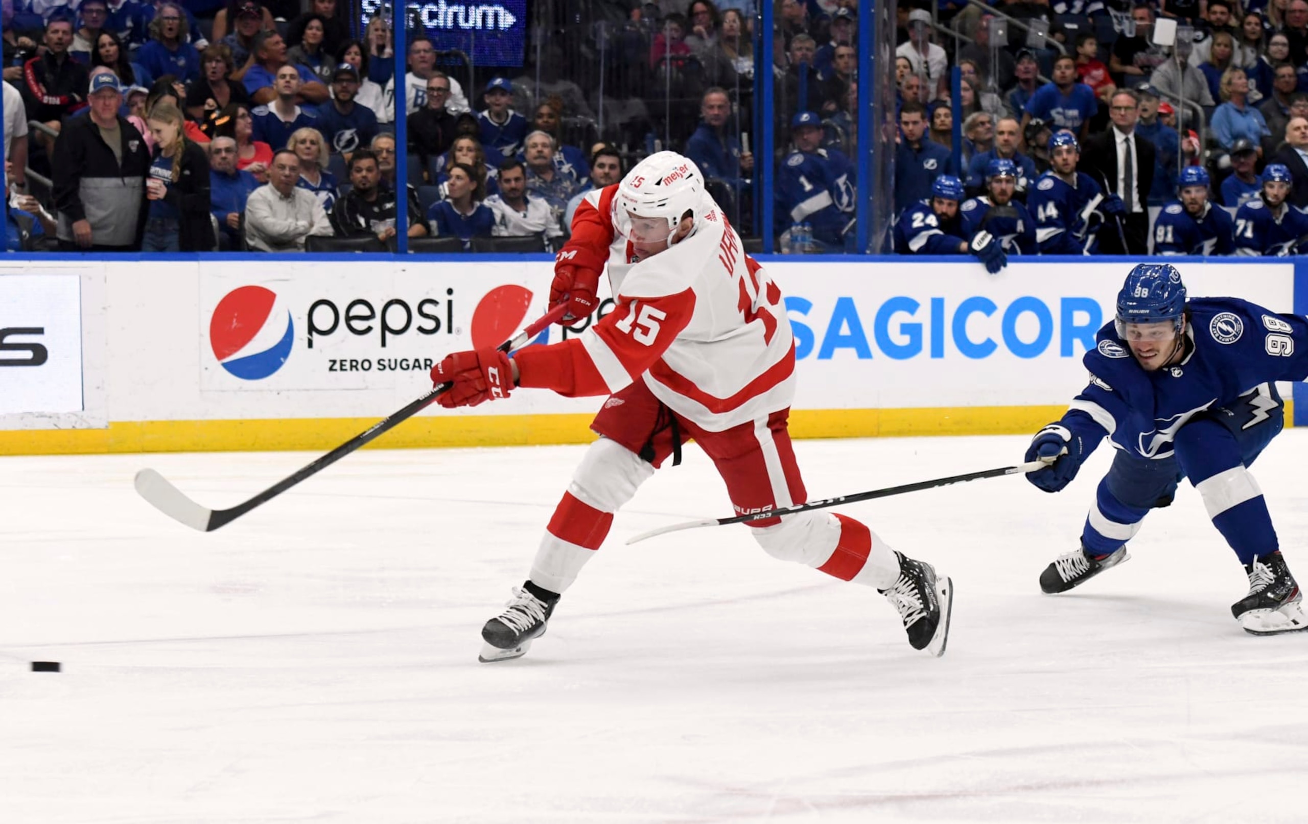 Detroit Red Wings left wing Jakub Vrana (15) scores during the third period an NHL hockey game against the Tampa Bay Lightning Tuesday, April 19, 2022, in Tampa, Fla. (AP Photo/Jason Behnken) Detroit Red Wings left wing Jakub Vrana (15) scores during the third period an NHL hockey game against the Tampa Bay Lightning Tuesday, April 19, 2022, in Tampa, Fla. (AP Photo/Jason Behnken)